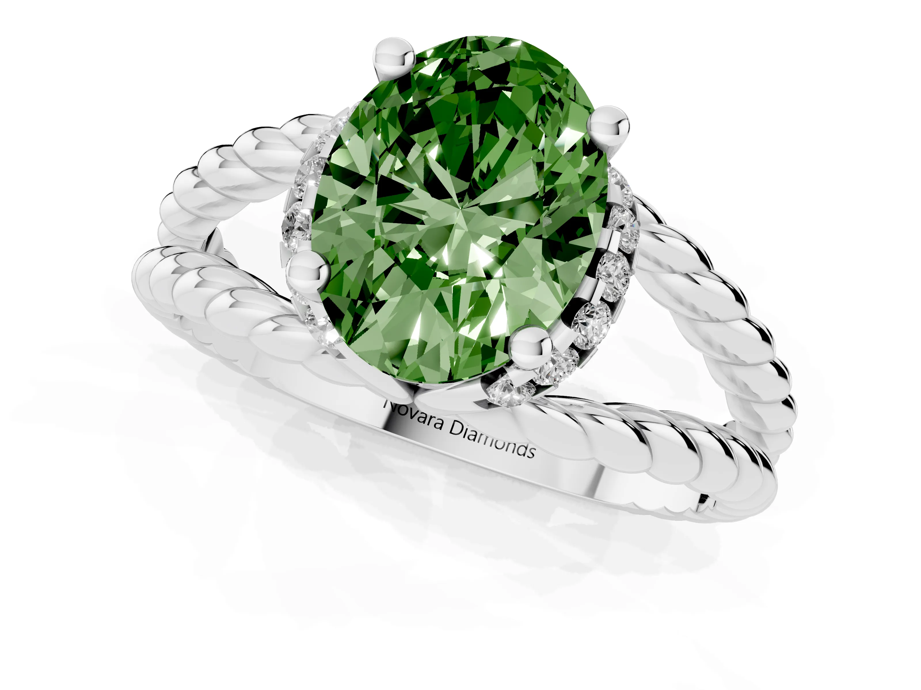 Fancy Green Oval Cut Diamond Halo Ring Set in Platinum with Twisted Band and Prong Setting