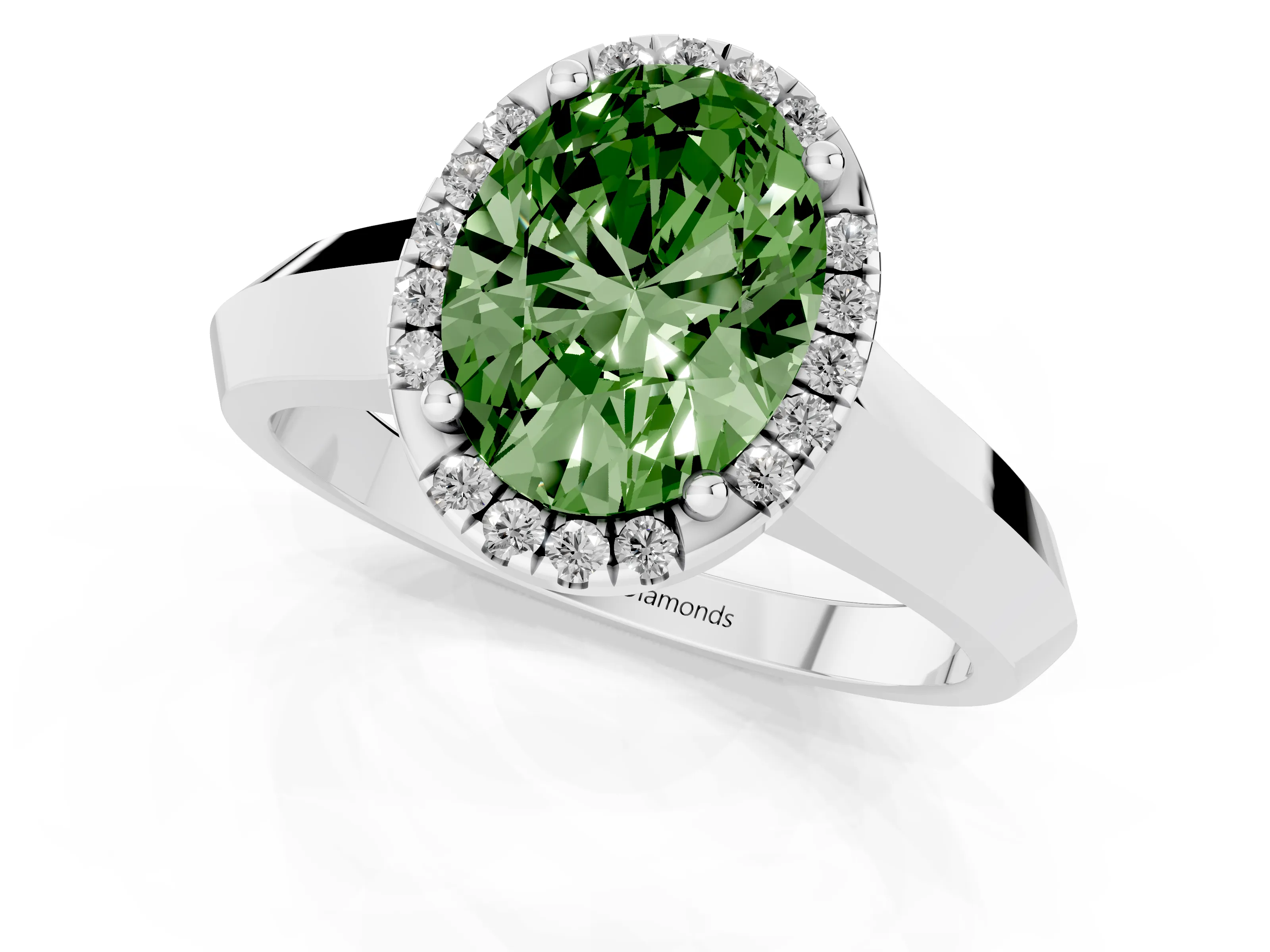 Fancy Green Oval Cut Diamond Halo Ring Set in Silver with Cathedral Band and Prong Setting