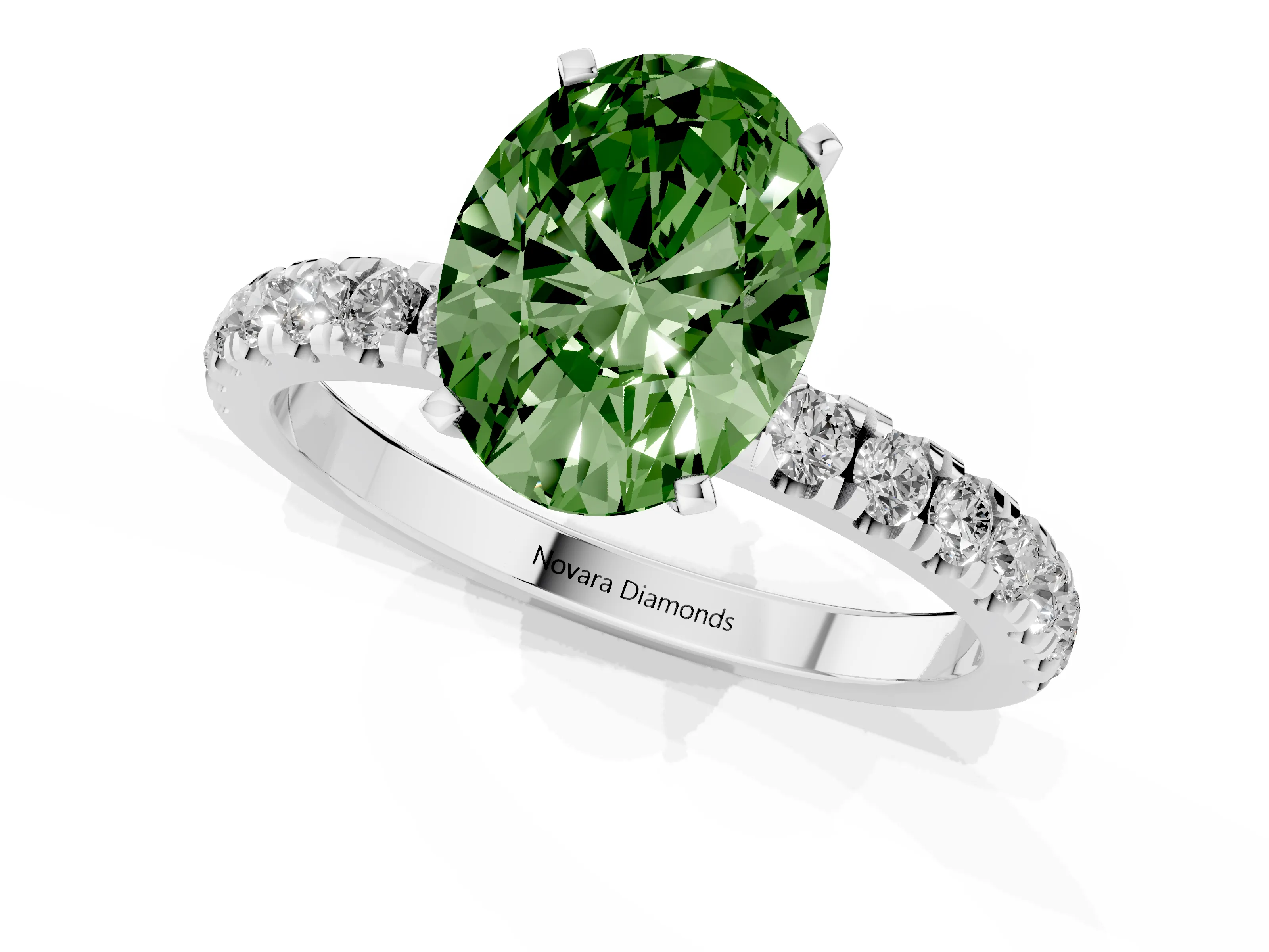 Fancy Green Oval Cut Diamond Solitaire Ring Set in Platinum with Pavé Accents and Prong Setting