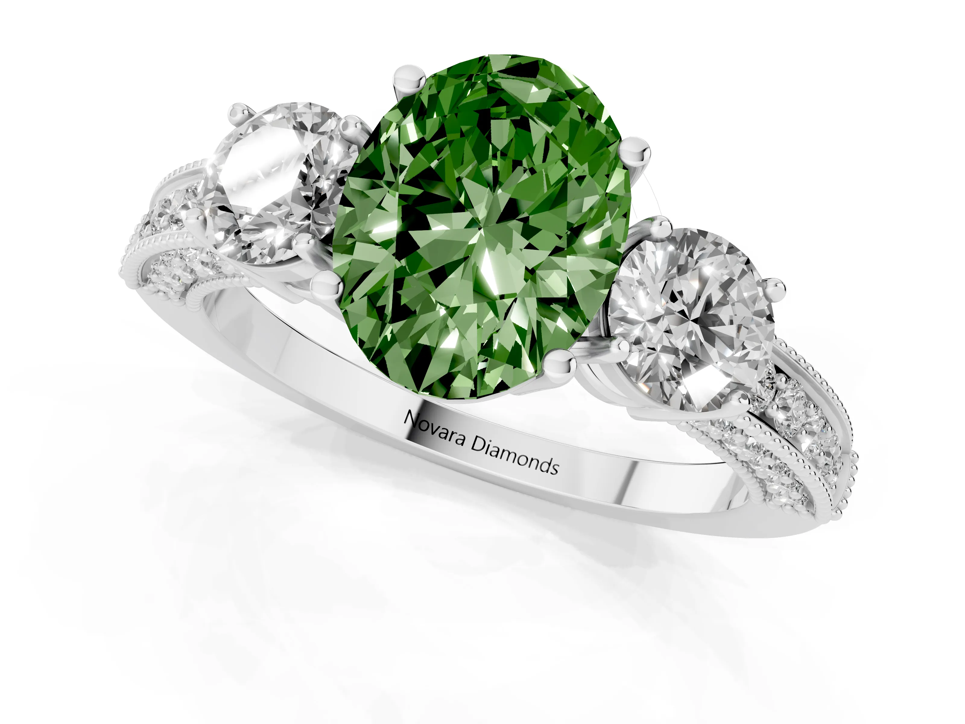 Fancy Green Oval Cut Diamond Three-Stone Ring Set in Platinum with Round Side Stones and Pavé Band