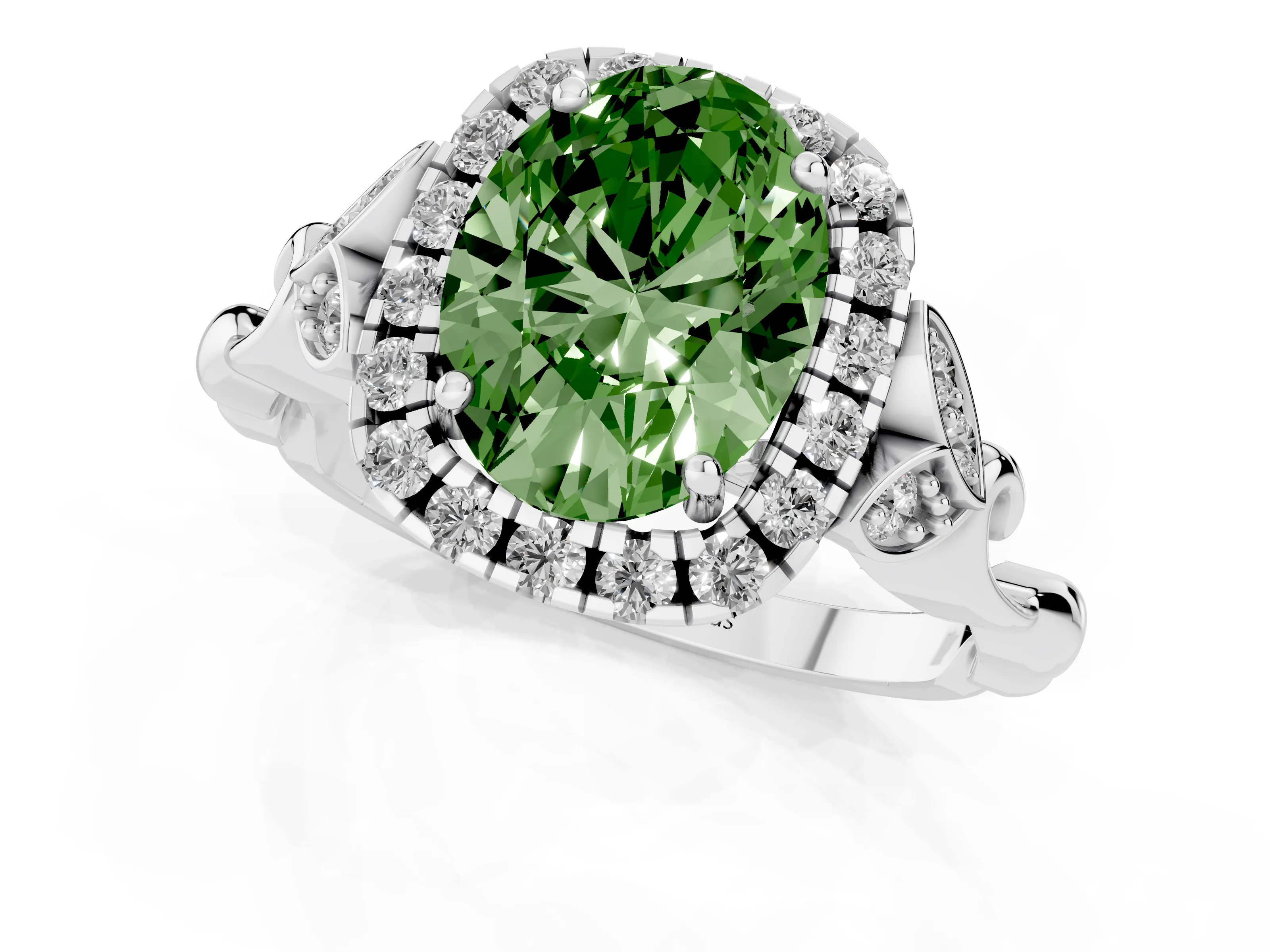 Fancy Green Oval Cut Diamond Halo Engagement Ring Set in Platinum with Vintage-Inspired Band and Prong Setting – second view