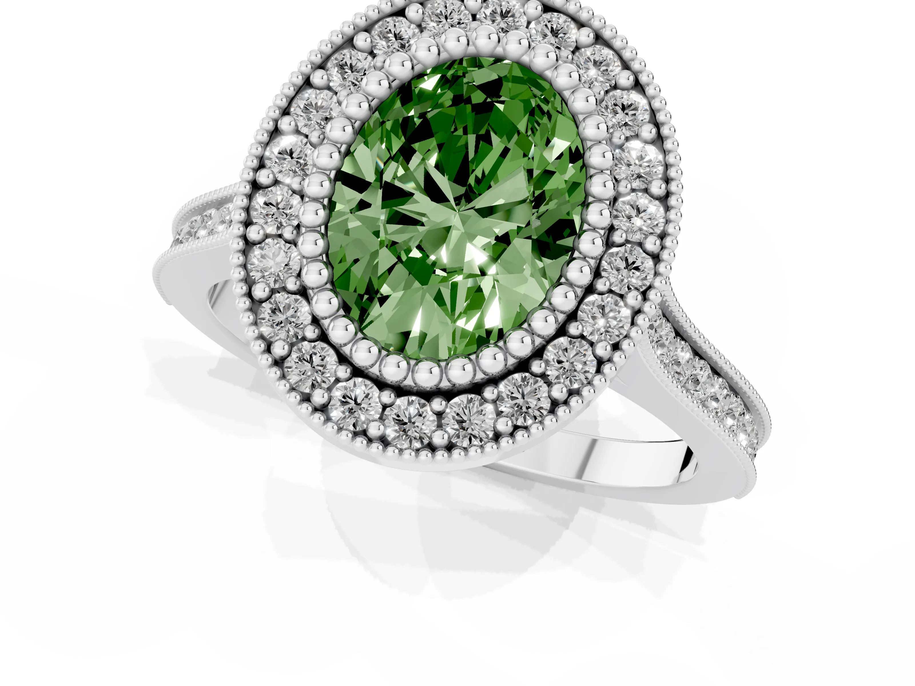 Fancy Green Oval Cut Diamond Halo Ring Set in Silver with Milgrain Frame and Pavé Band