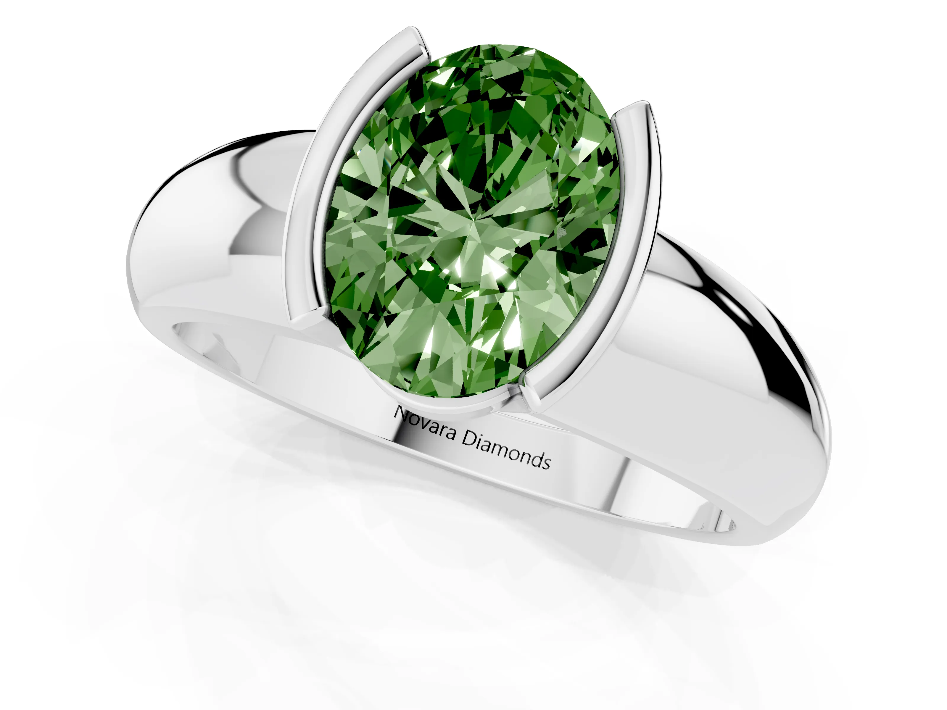 Fancy Green Oval Cut Diamond Solitaire Tension Set Ring Set in Silver with Wide Band