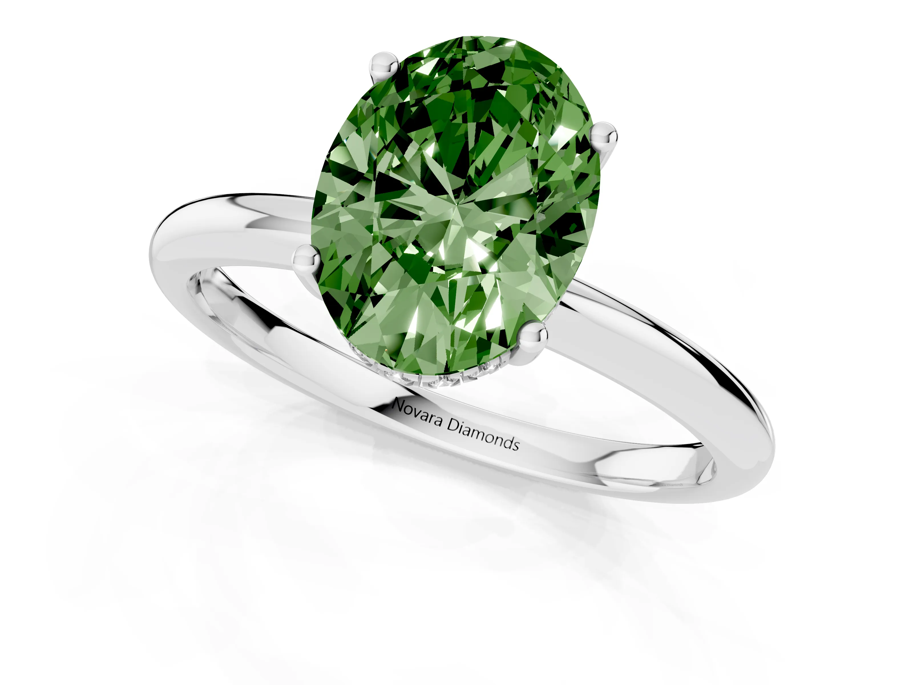 Fancy Green Oval Cut Diamond Solitaire Engagement Ring Set in White gold with Prong Setting and Polished Band
