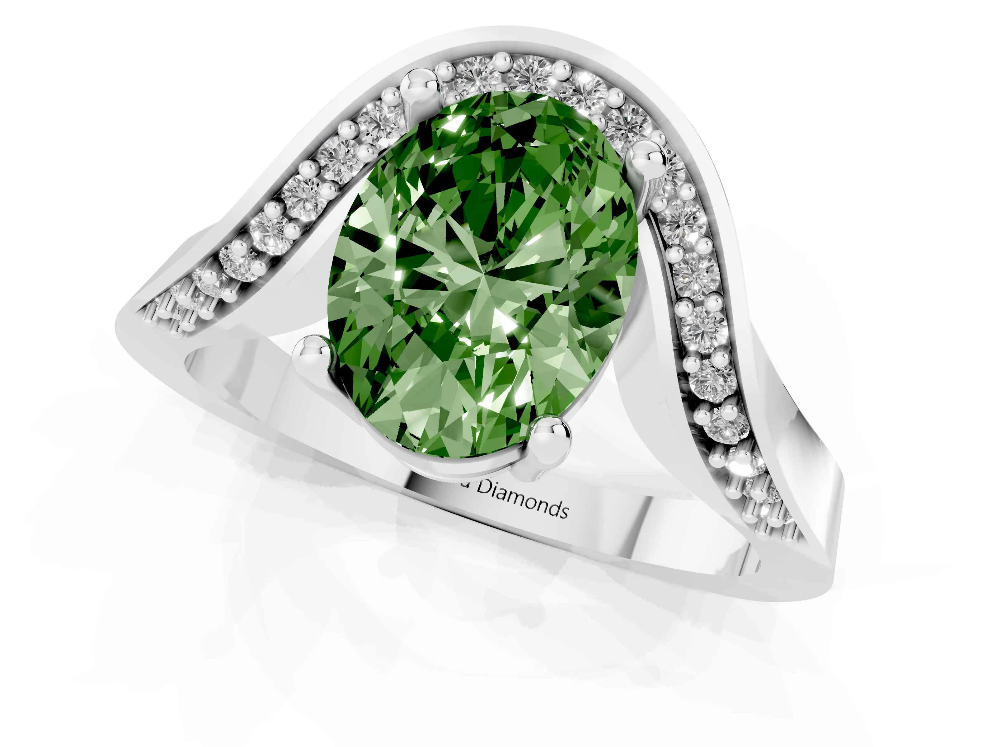 Fancy Green Oval Cut Diamond Solitaire Engagement Ring Set in Silver with Pavé Shoulders