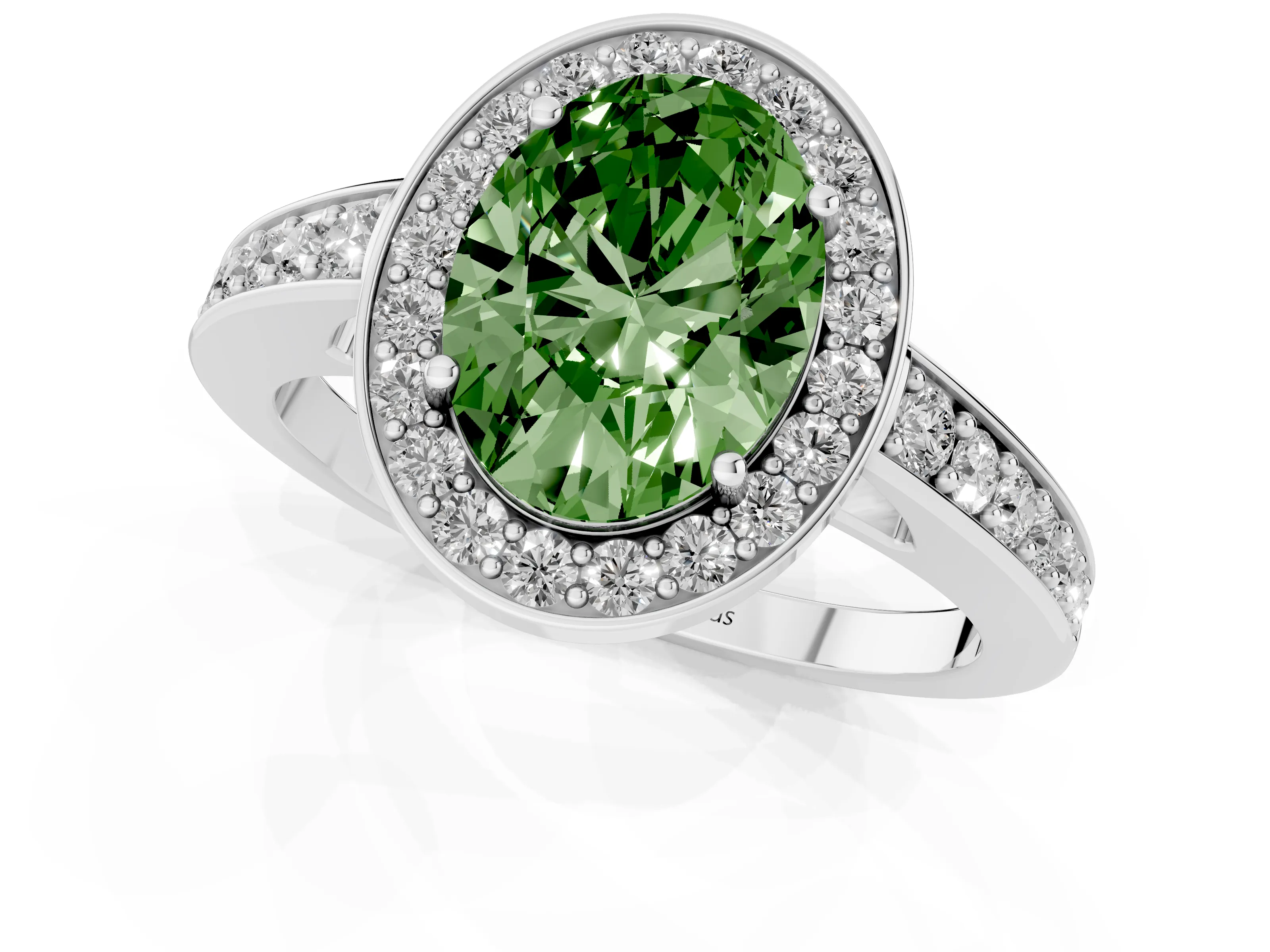 Fancy Green Oval Cut Diamond Halo Pavé Engagement Ring Set in White gold with Bezel Setting
