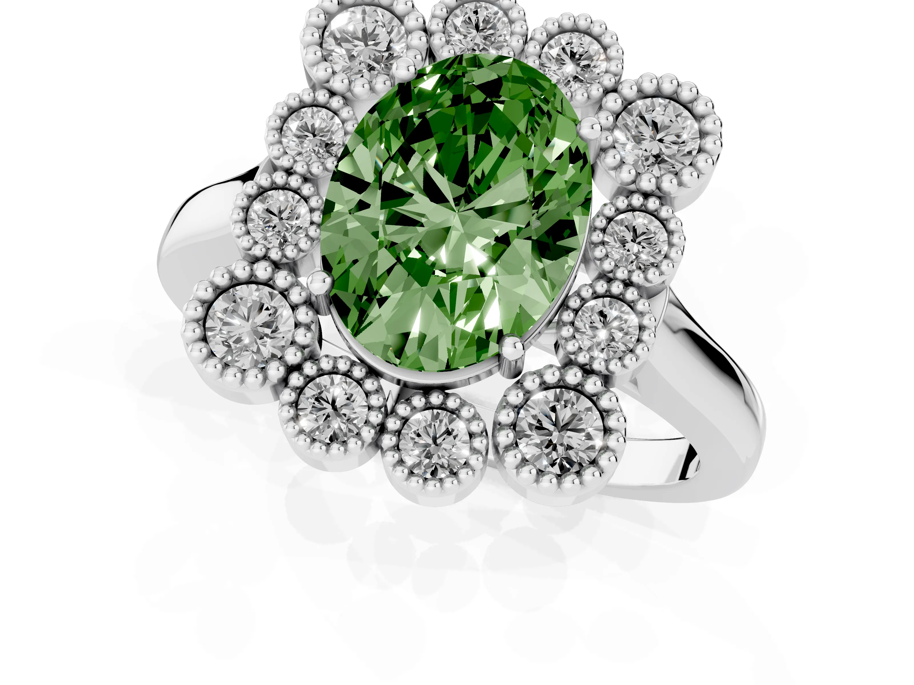 Fancy Green Oval Cut Diamond Cluster Halo Ring Set in White gold with Milgrain Bezel Accents and Plain Band