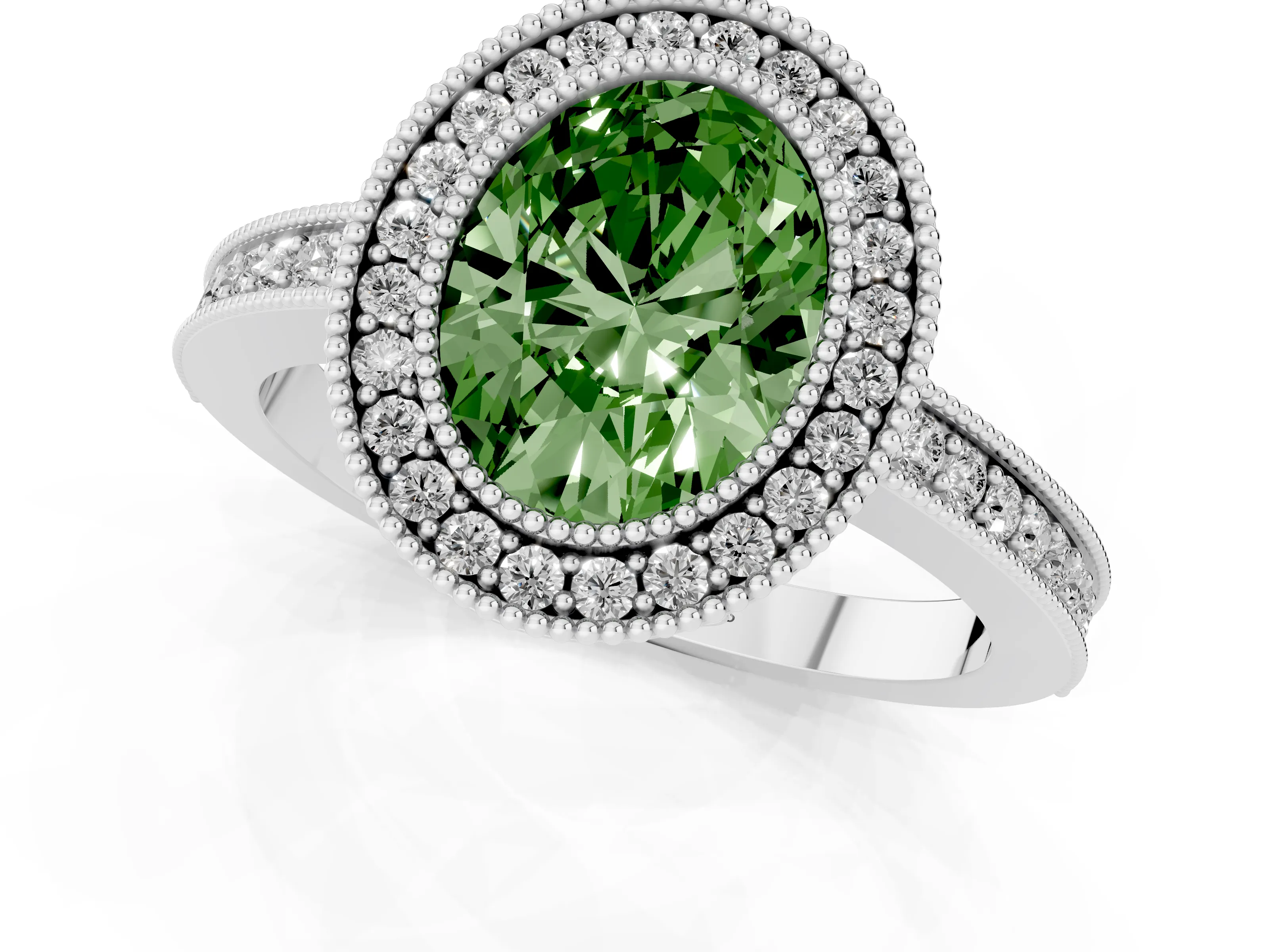 Fancy Green Oval Cut Diamond Round Halo Ring Set in White gold with Pavé Band