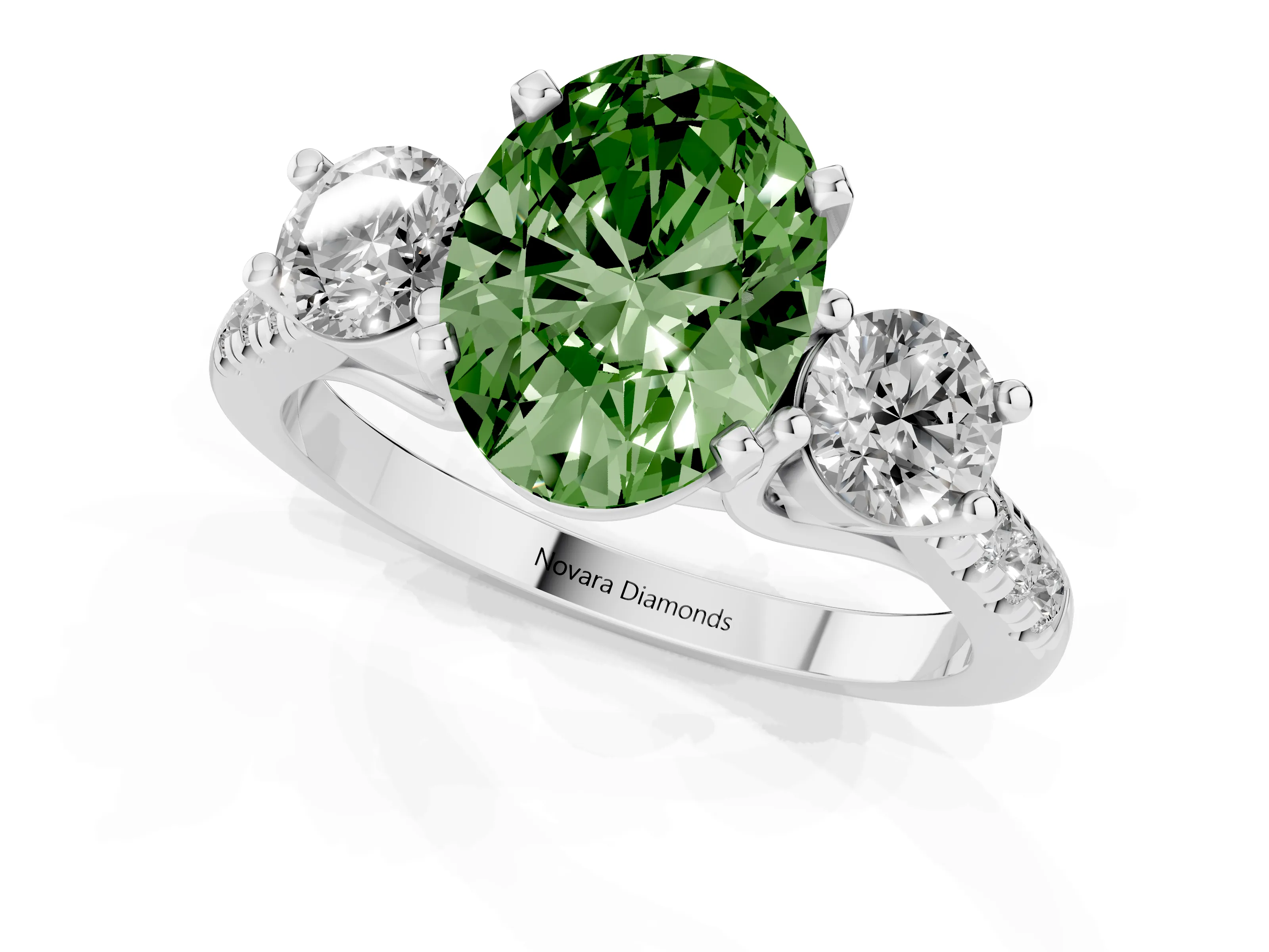 Fancy Green Three-Stone Oval Cut Diamond Pavé Band Ring Set in Silver with Prong-Set Trio