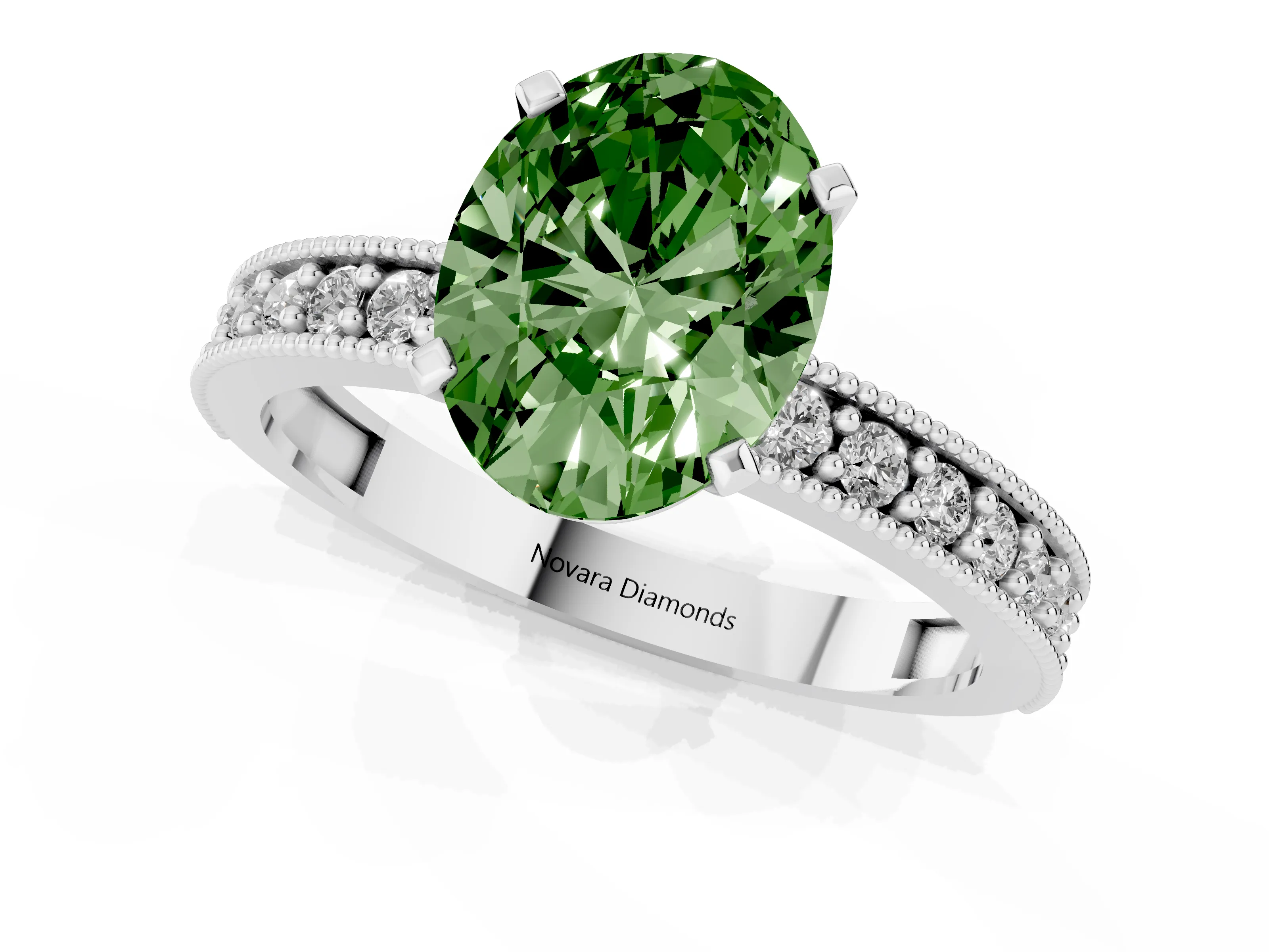 Fancy Green Oval Cut Diamond Milgrain Pavé Engagement Ring Set in Platinum with Prong Setting