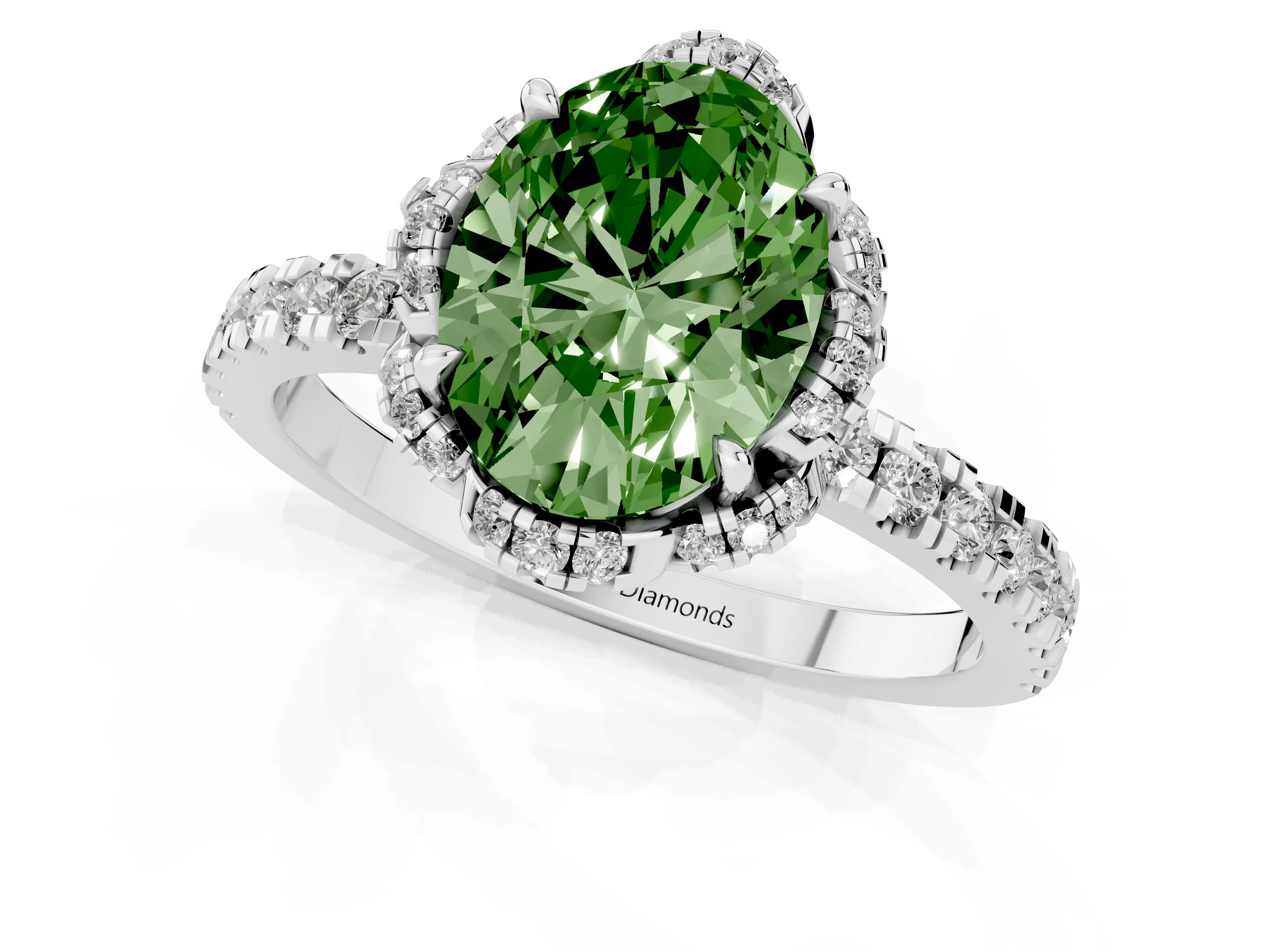 Fancy Green Oval Cut Diamond Halo Pavé Band Ring Set in White gold with Prong-Held Center