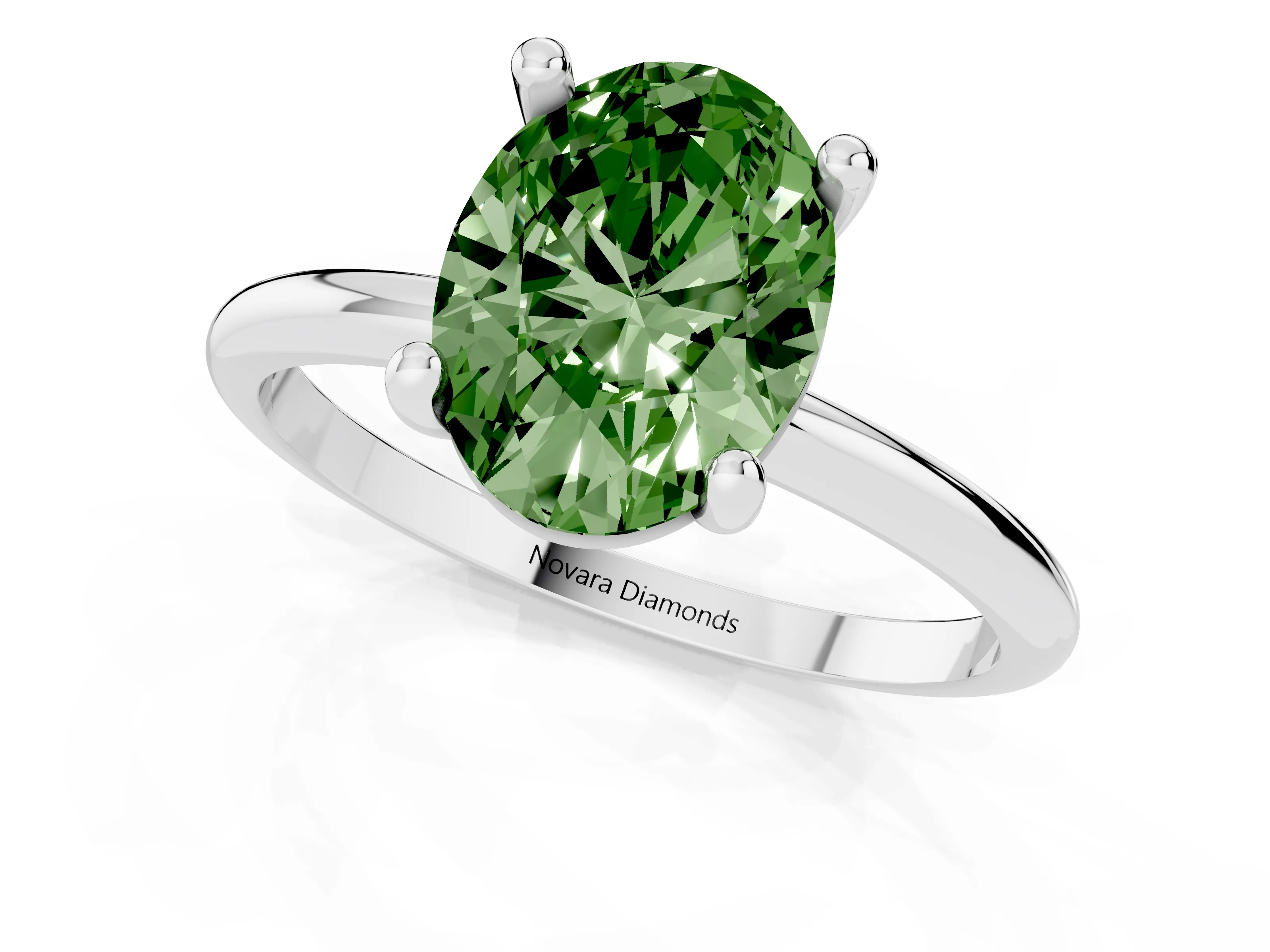 Fancy Green Oval Cut Diamond Solitaire Ring Set in White gold with Secure Prong Setting on a Classic Band