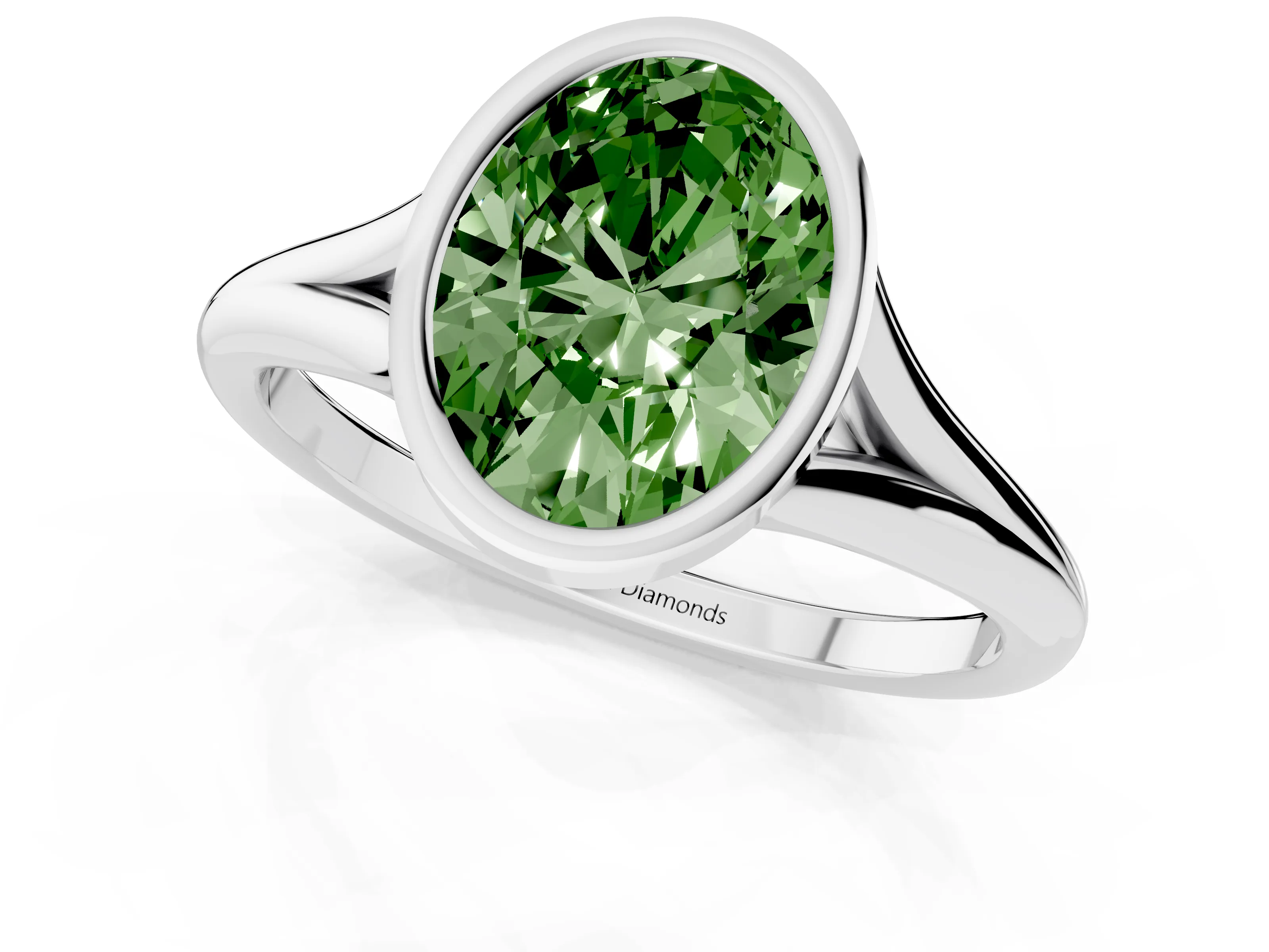 Fancy Green Bezel Set Oval Cut Diamond Solitaire Ring Set in Silver with Tapered Band