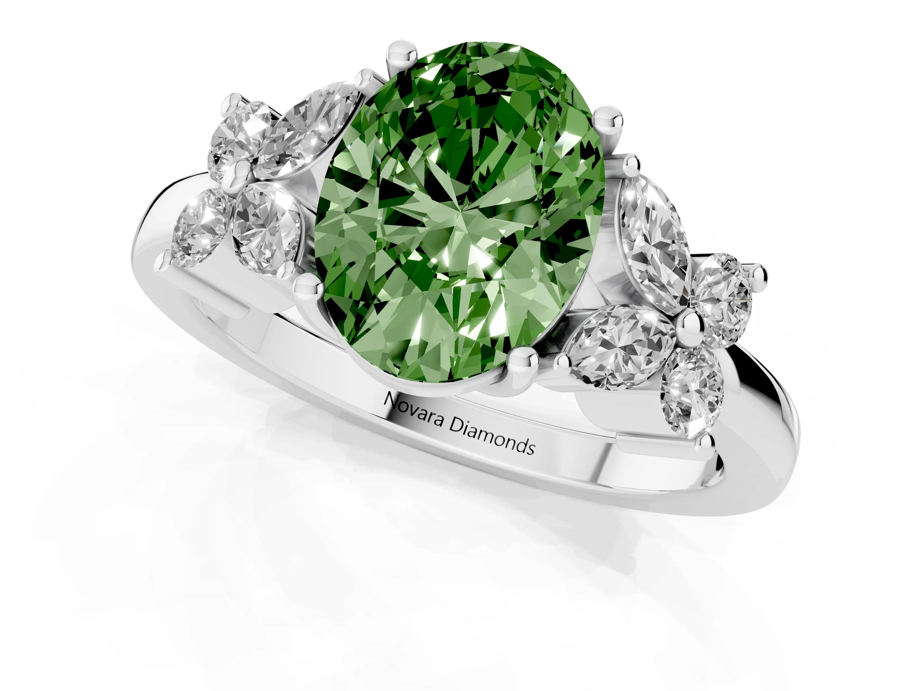 Fancy Green Oval Cut Diamond Floral Cluster Ring Set in Platinum with Marquise Petals and Prong Setting