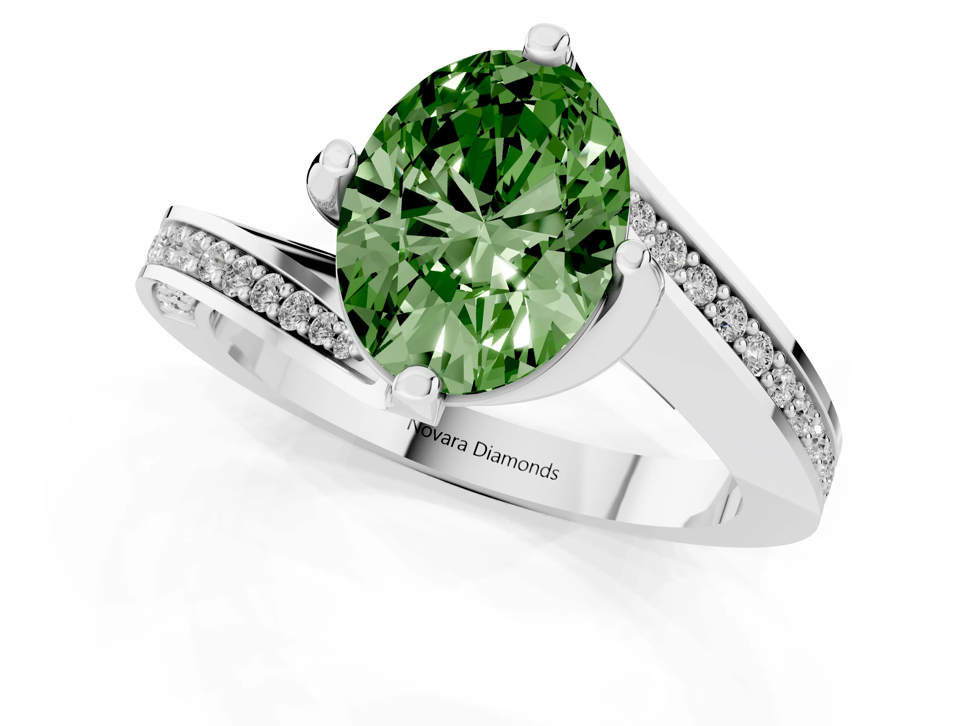 Fancy Green Oval Cut Diamond Solitaire Ring Set in Silver with Intertwined Pavé Twist Band