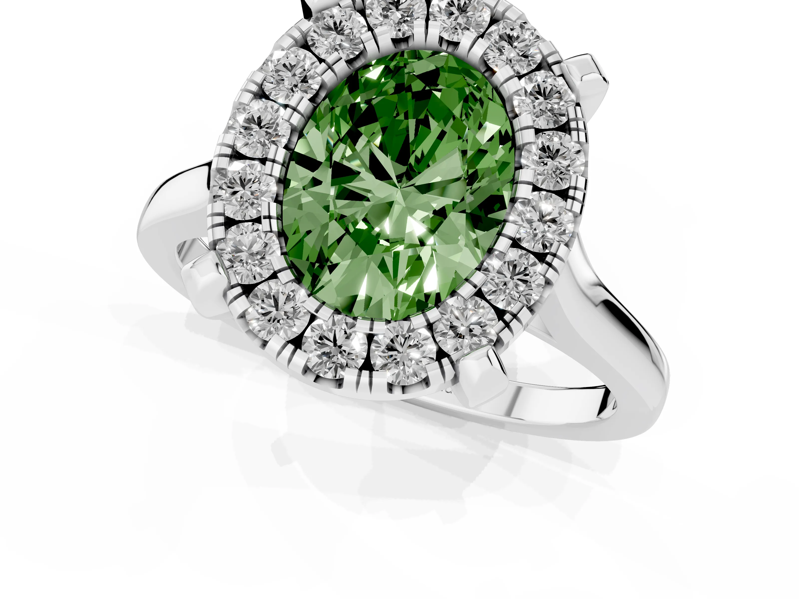 Fancy Green Oval Cut Diamond Cluster Halo Solitaire Ring Set in White gold with Prong Setting