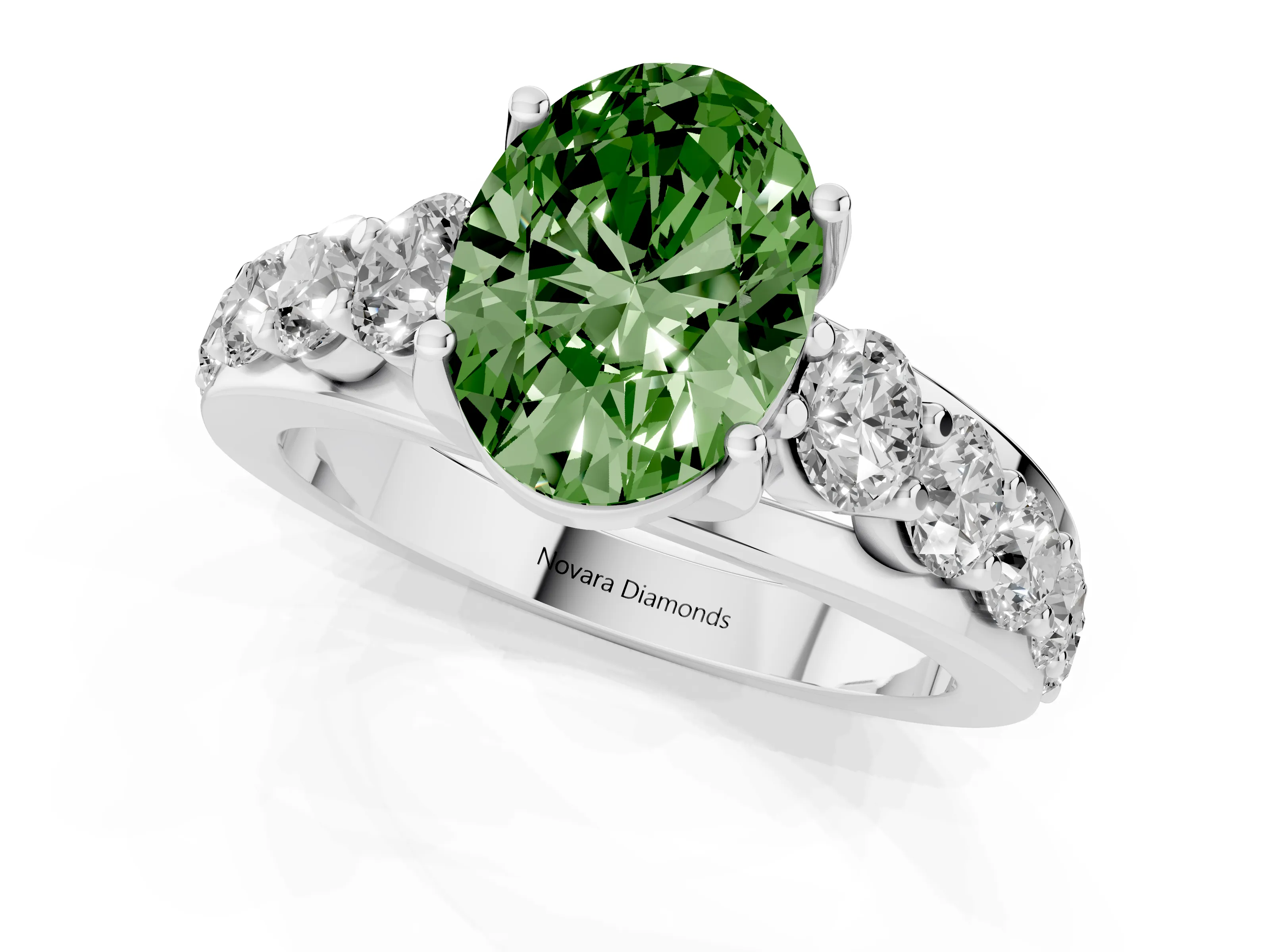 Fancy Green Oval Cut Diamond Pavé Engagement Ring Set in Silver with Prong Setting