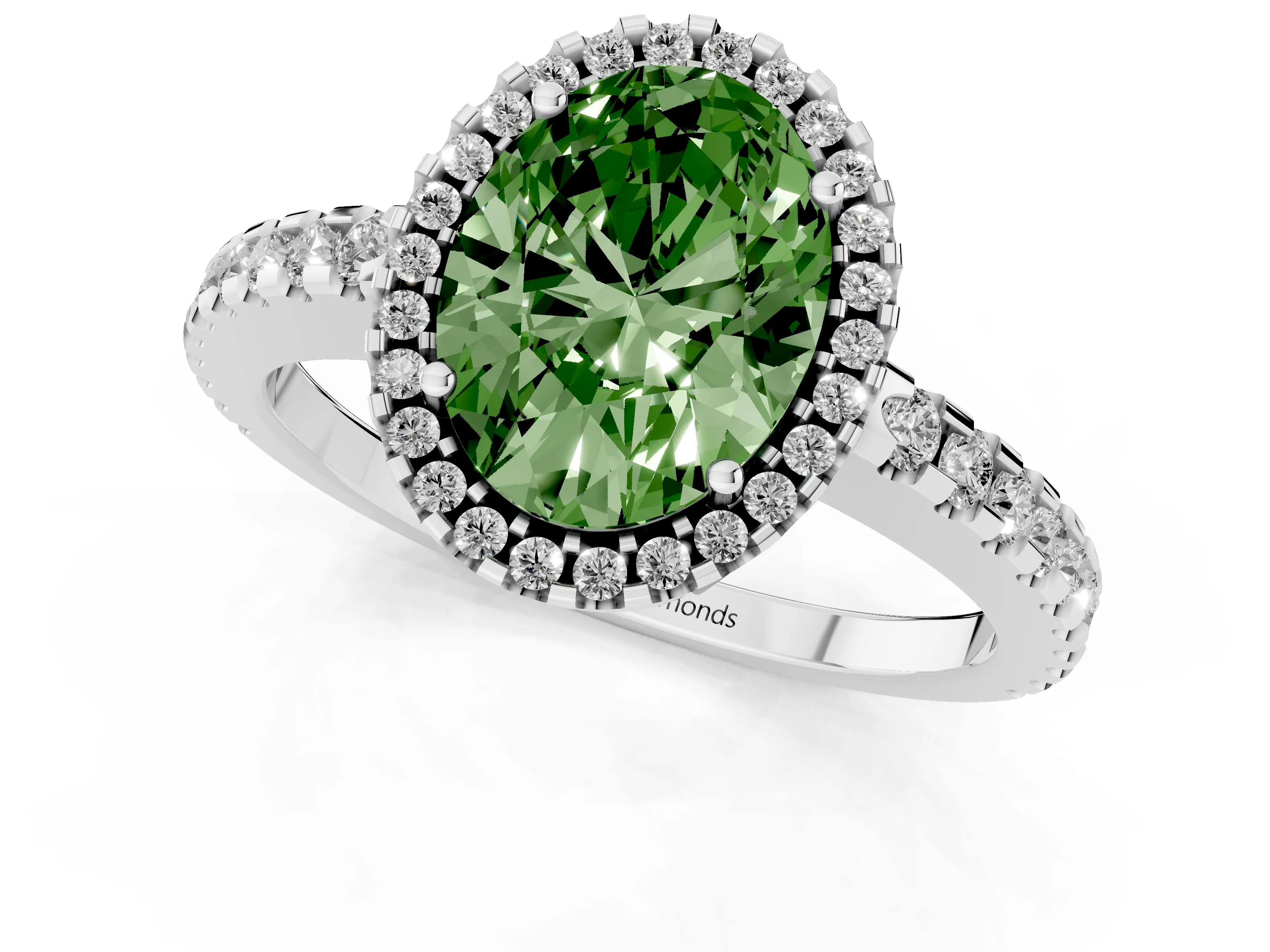 Fancy Green Oval Cut Diamond Halo Ring Set in White gold with Pavé Shoulders and Halo-Framed Center