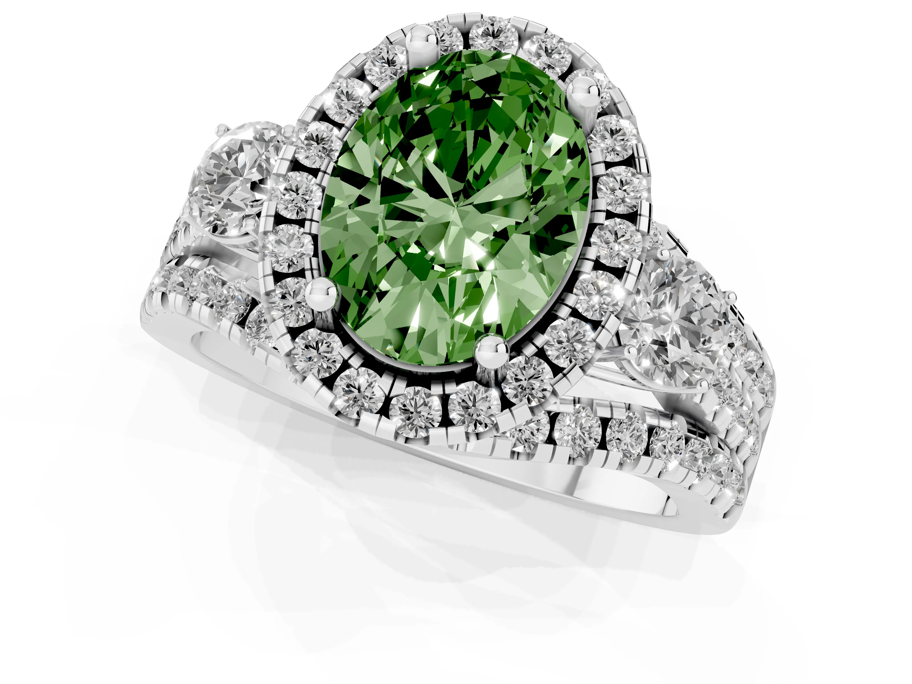 Fancy Green Oval Cut Diamond Halo Split Shank Ring Set in White gold with Round Accent Stones and Prong Setting