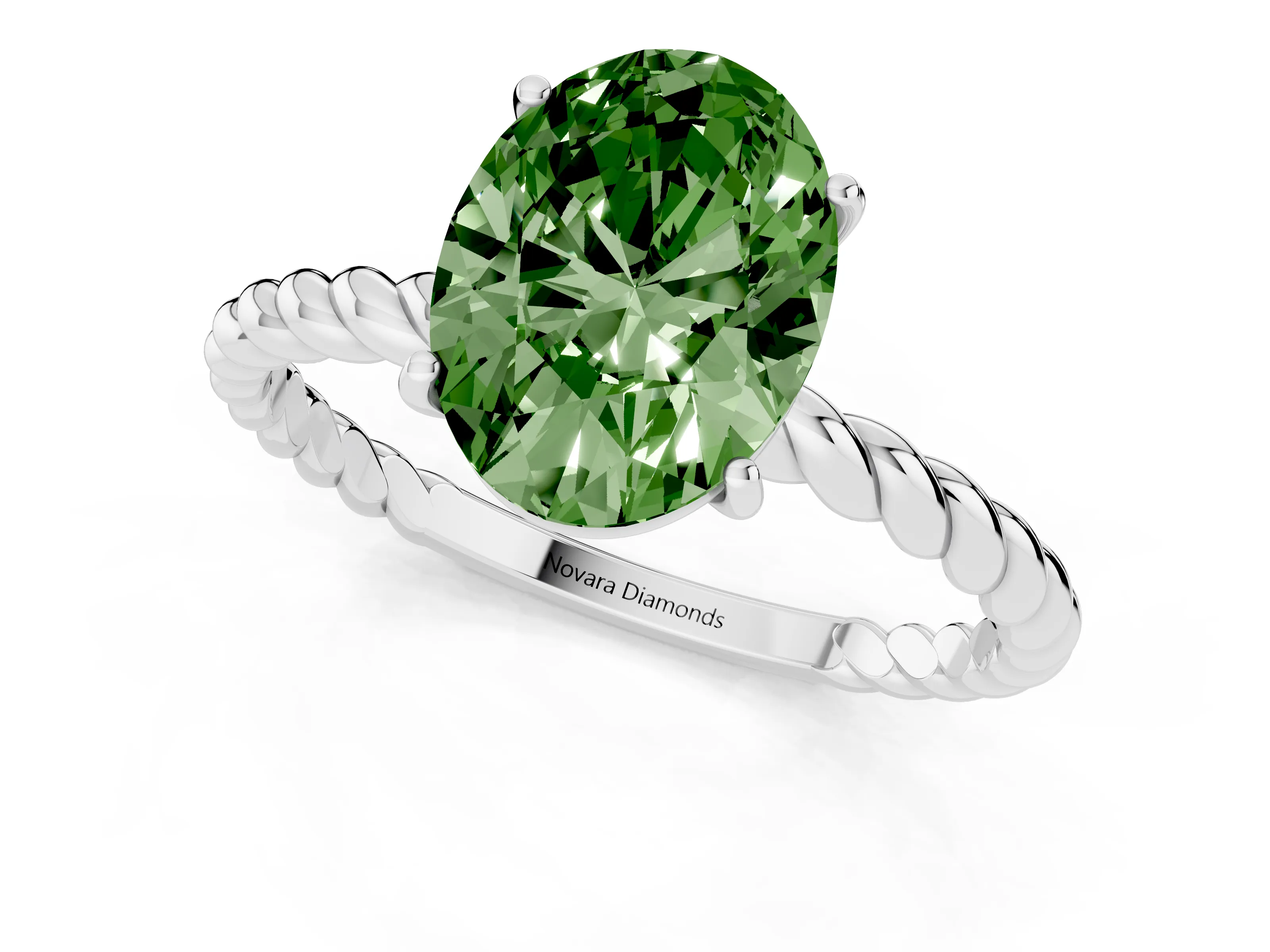 Fancy Green Oval Cut Diamond Solitaire Twisted Band Ring Set in Platinum with Prong Solitaire Setting