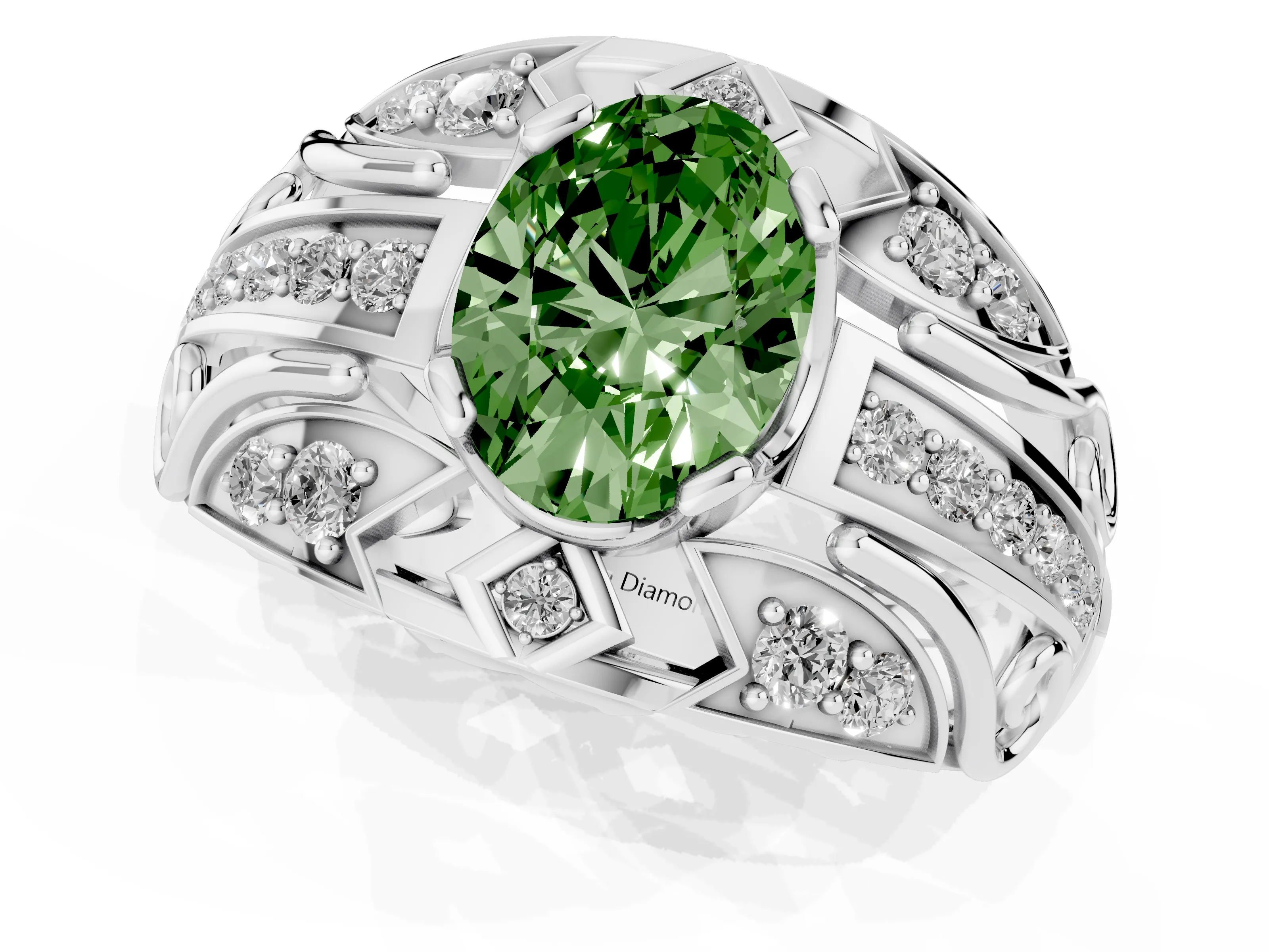 Fancy Green Oval Cut Diamond Art Deco Ring Set in Platinum with Pavé Split Shank