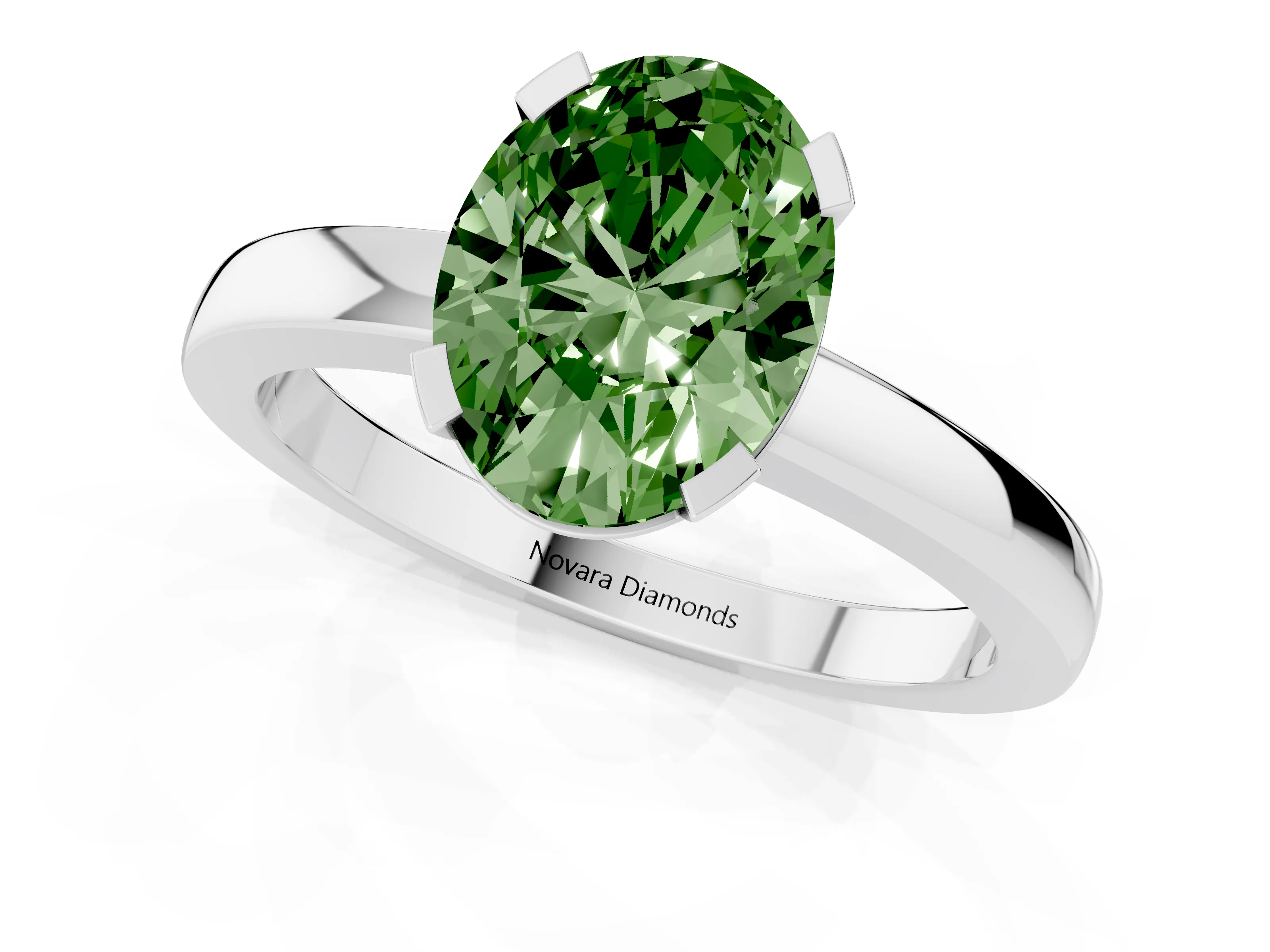 Fancy Green Oval Cut Diamond Solitaire Ring Set in Platinum with Prong Head and Smooth Polished Band