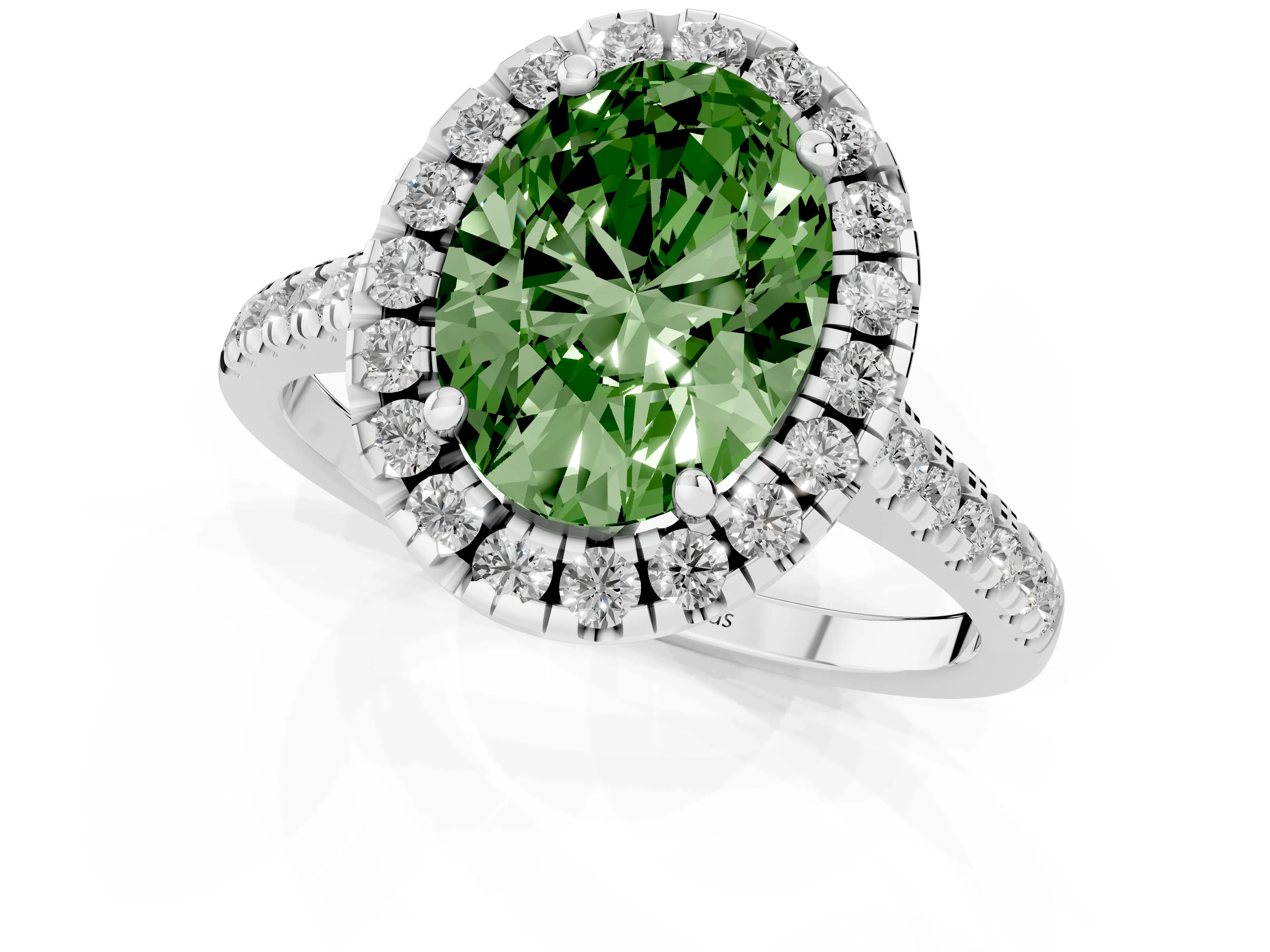 Fancy Green Oval Cut Diamond Cushion Halo Ring Set in White gold with Pavé Band