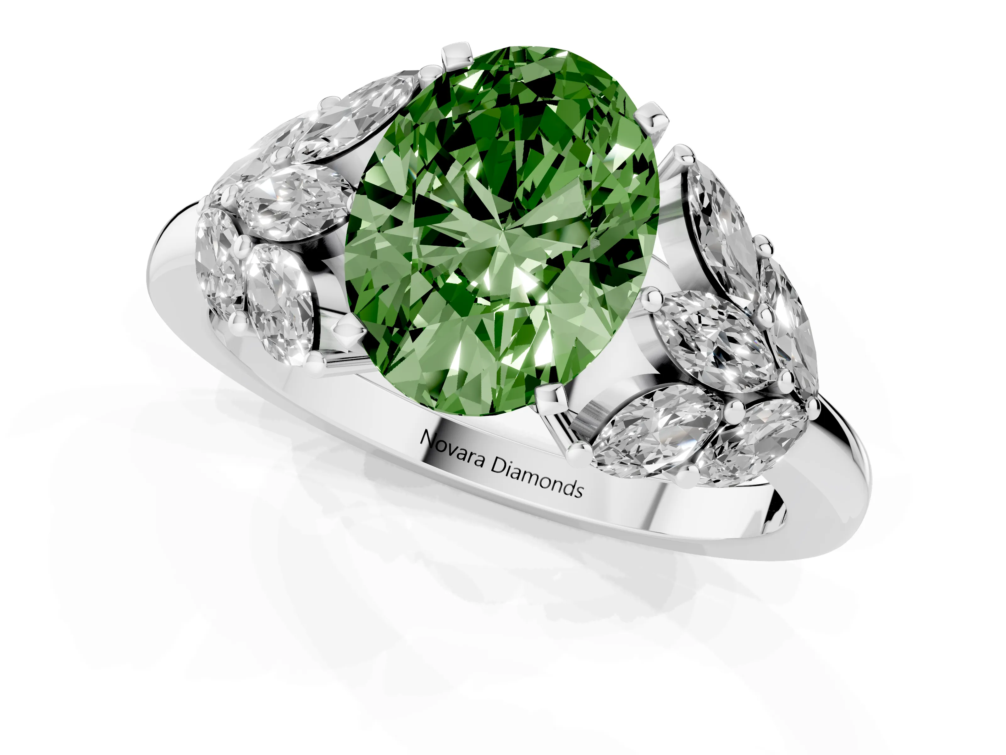 Fancy Green Oval Cut Diamond Cluster Leaf Design Ring Set in White gold with Prong Setting