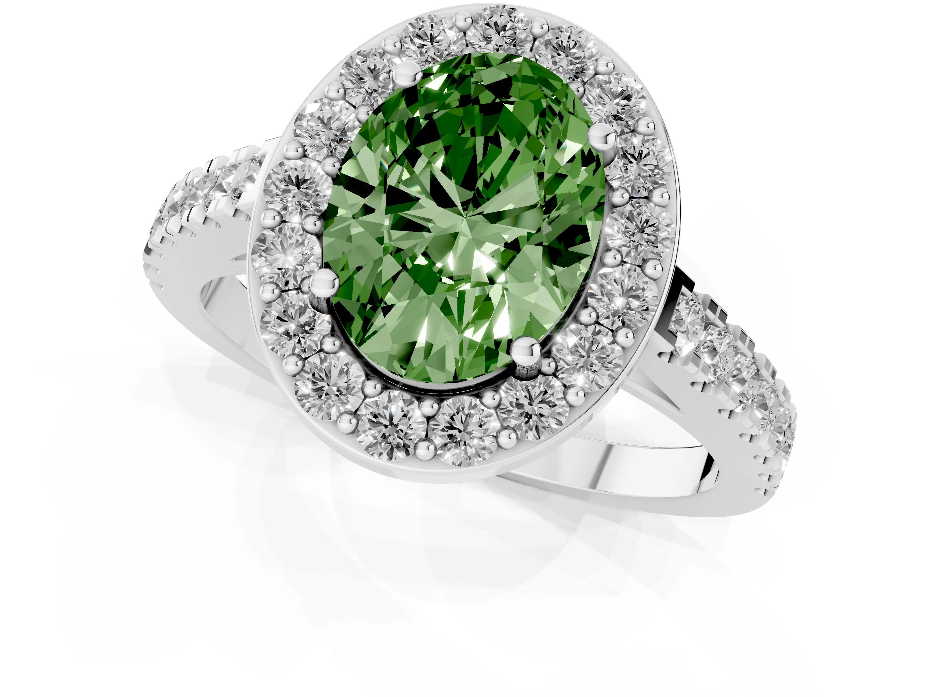 Fancy Green Oval Cut Diamond Halo Ring Set in Silver with Round Pavé Split Shank and Prong Setting