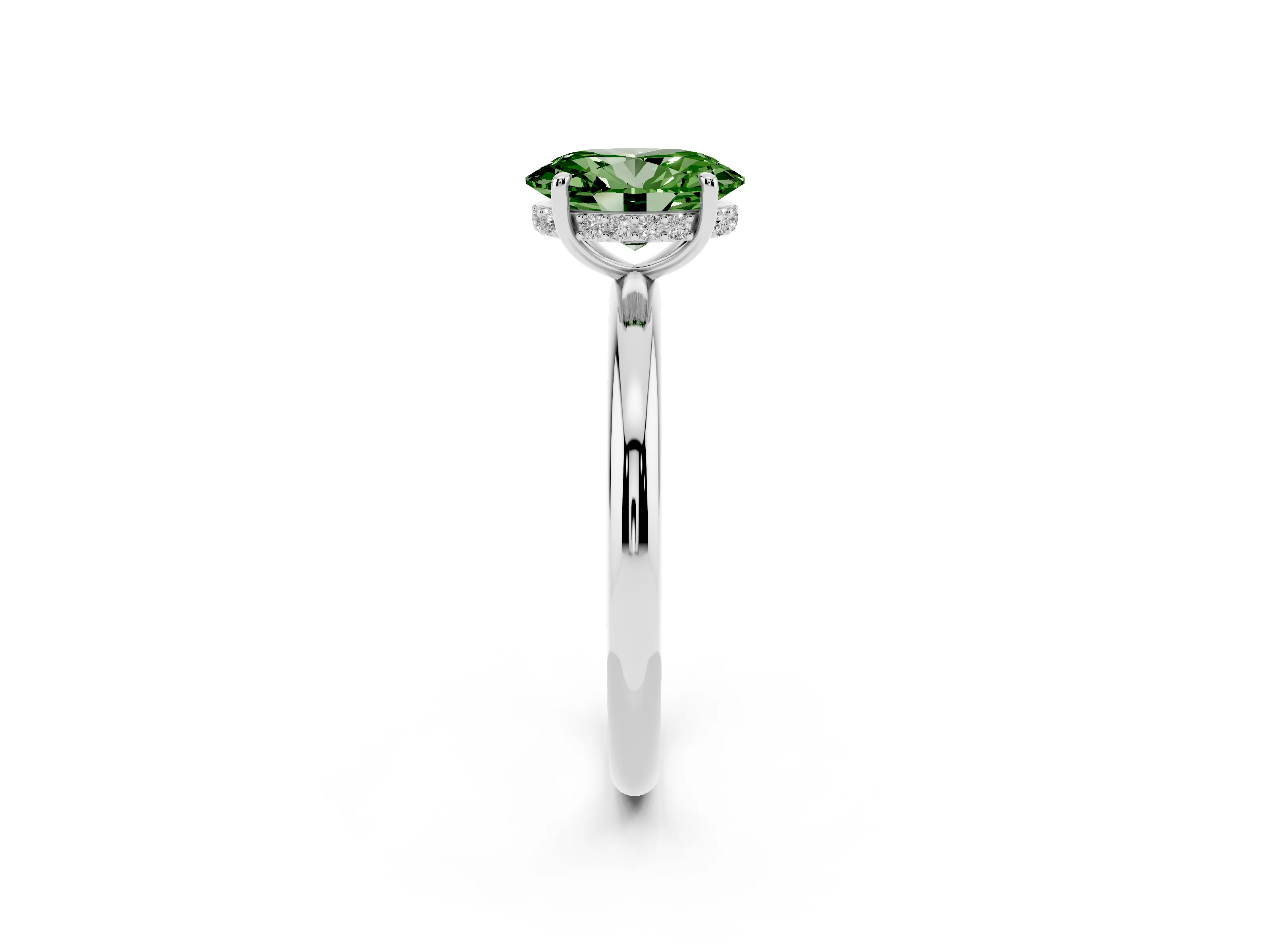 Fancy Green Oval Cut Diamond Solitaire Ring Set in Platinum with Thin Band and Prong Setting