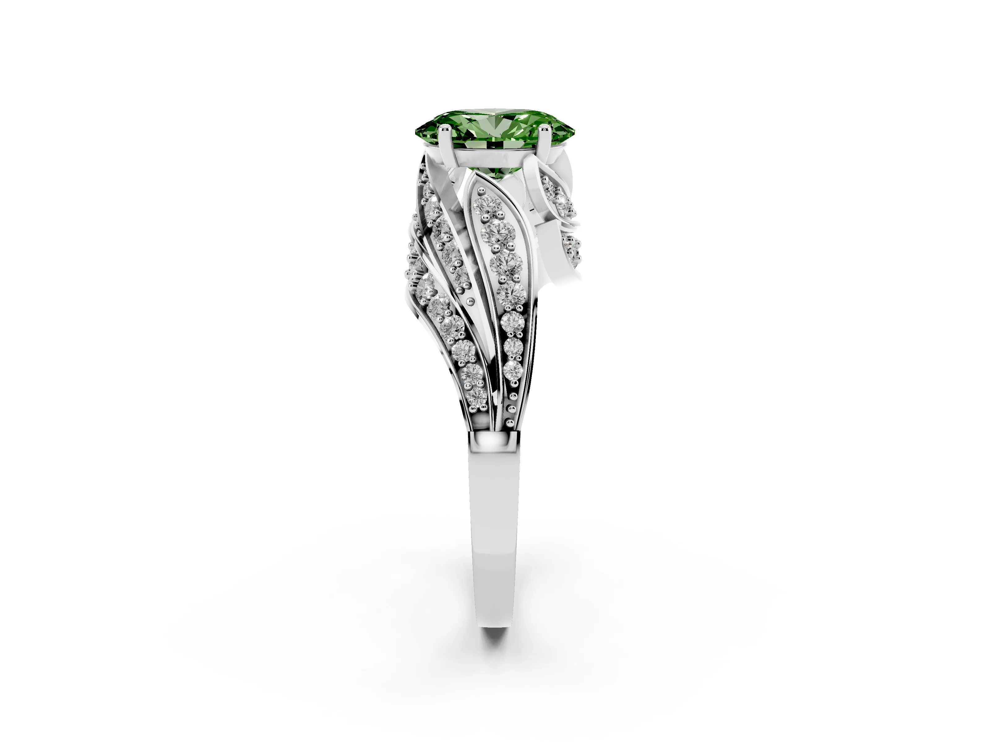 Fancy Green Oval Cut Diamond Solitaire Ring Set in Silver with Layered Twist Pavé Band