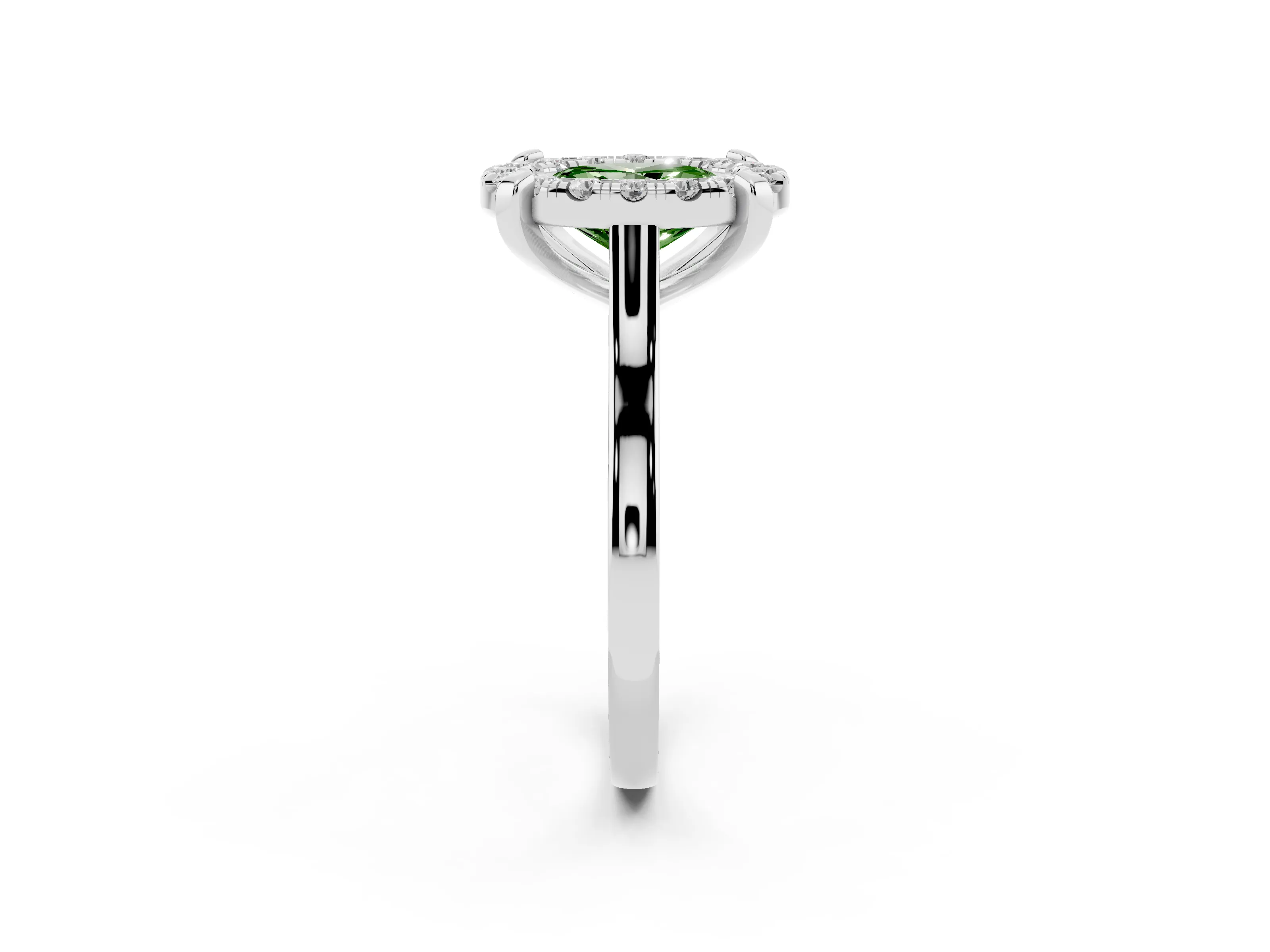 Fancy Green Oval Cut Diamond Cluster Halo Solitaire Ring Set in White gold with Prong Setting