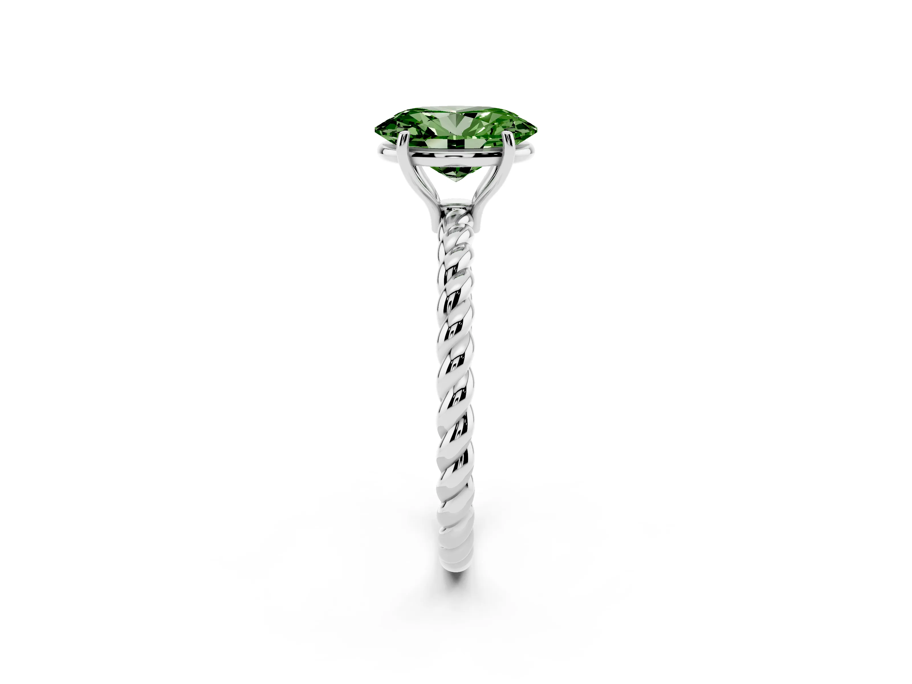 Fancy Green Oval Cut Diamond Solitaire Twisted Band Ring Set in Platinum with Prong Solitaire Setting