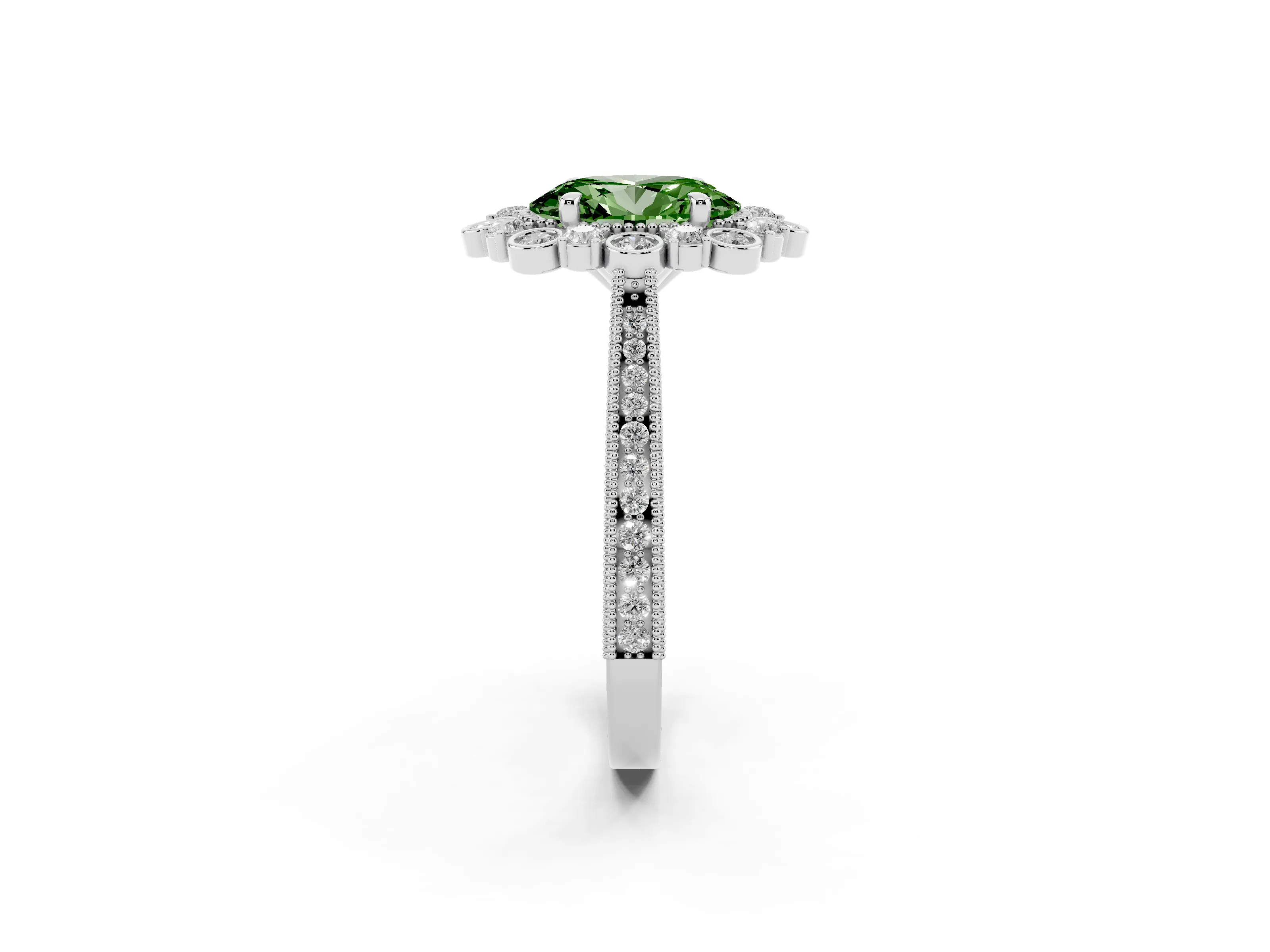 Fancy Green Oval Cut Diamond Halo Milgrain Pavé Ring Set in Silver with Prong Setting