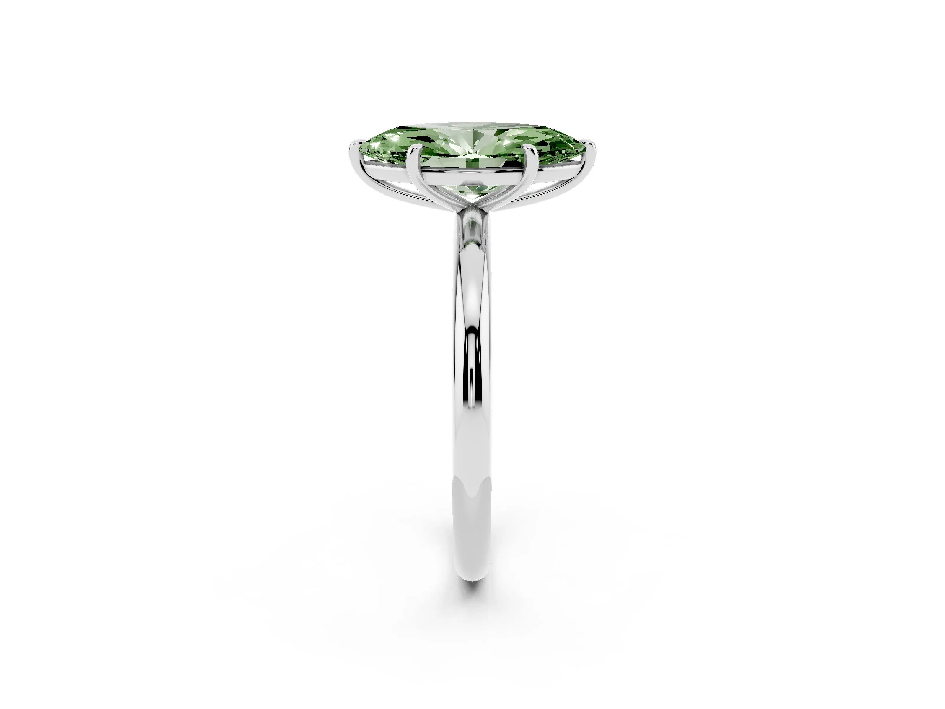 Fancy Green Oval Cut Diamond Solitaire Ring Set in White gold with Prong Setting on a Polished Plain Band