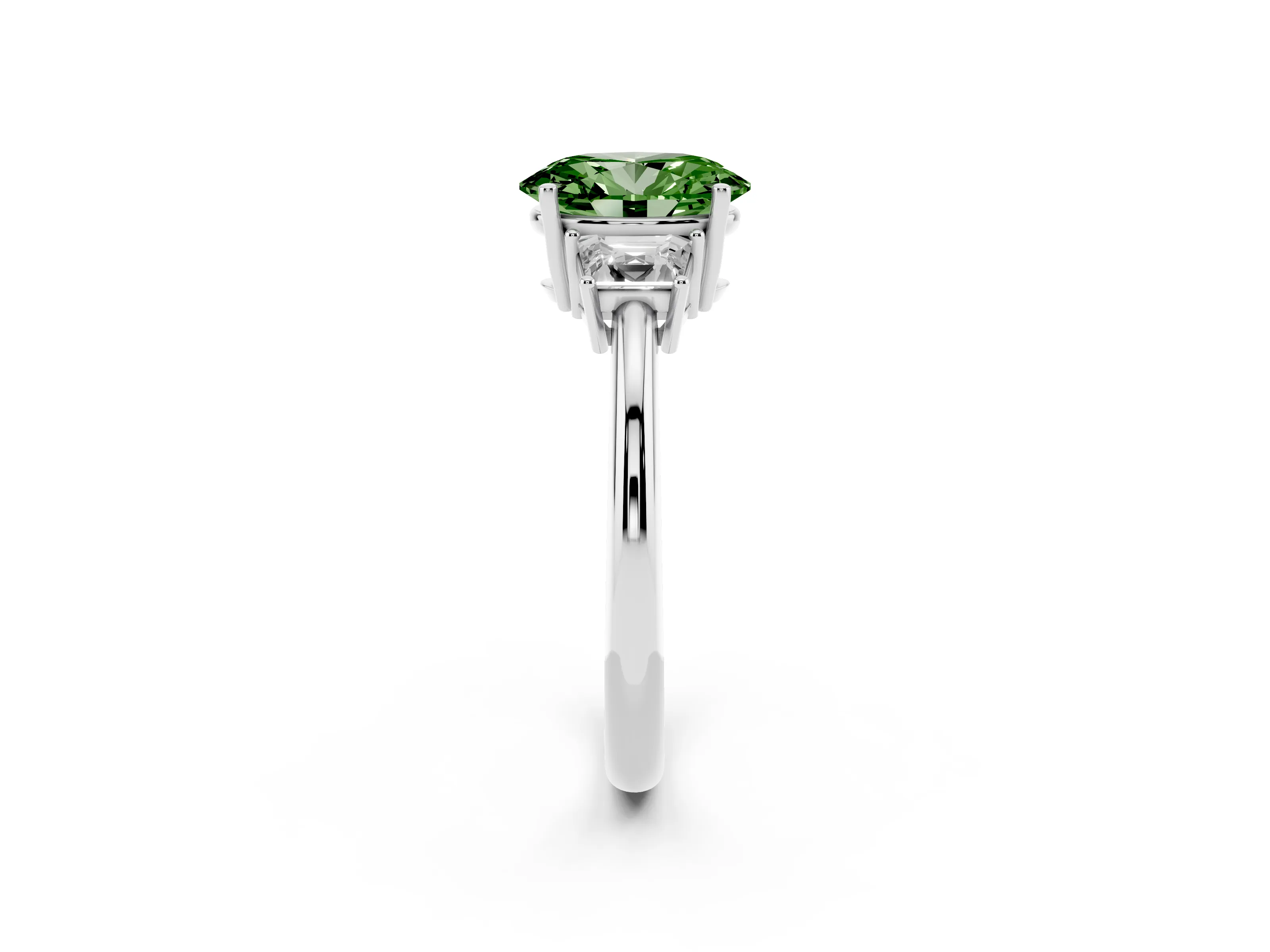 Fancy Green Oval Cut Diamond Three-Stone Ring Set in White gold with Trapezoid Side Stones and Prong Setting
