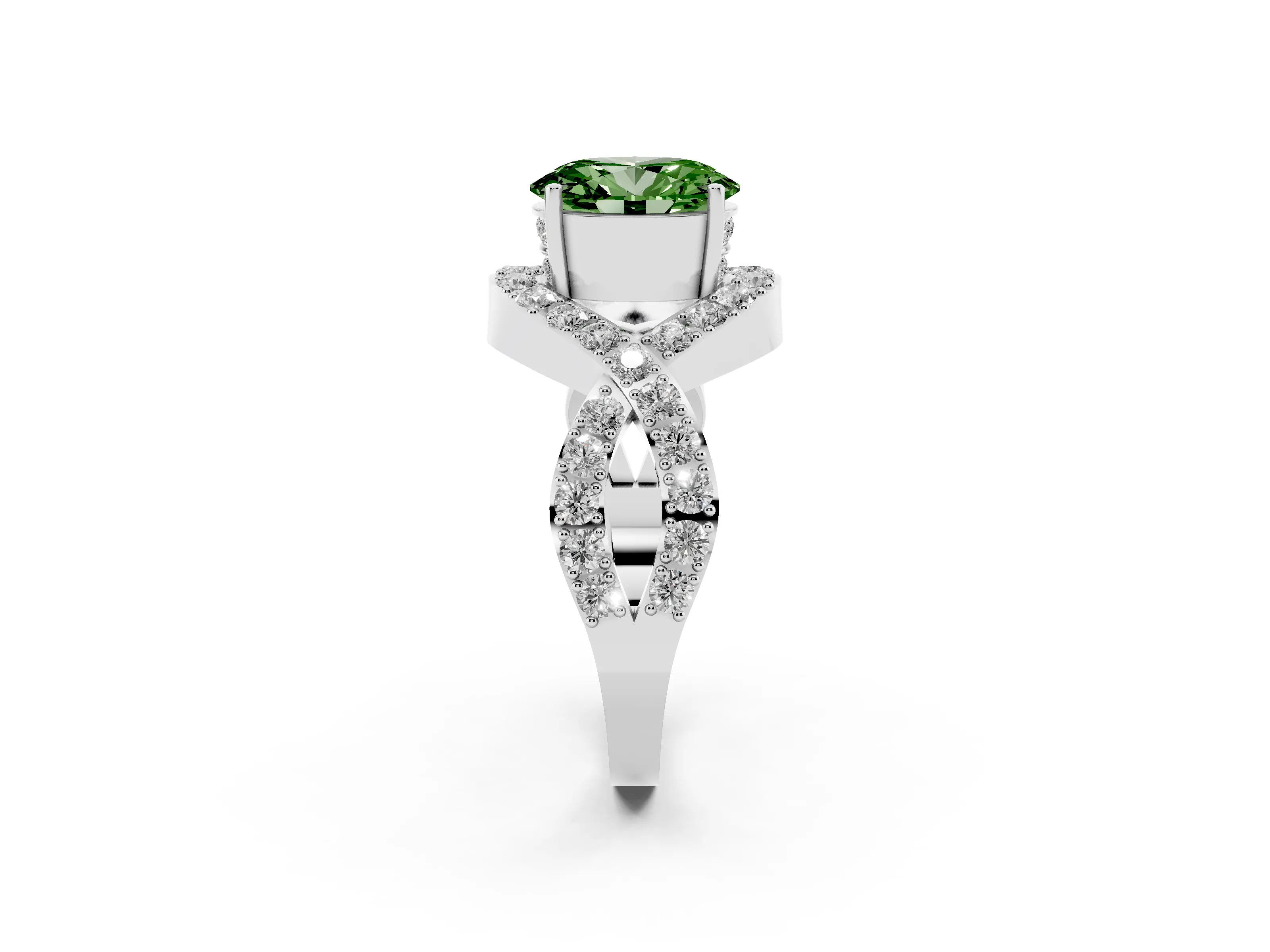 Fancy Green Oval Cut Diamond Solitaire Twist Band Pavé Engagement Ring Set in Silver