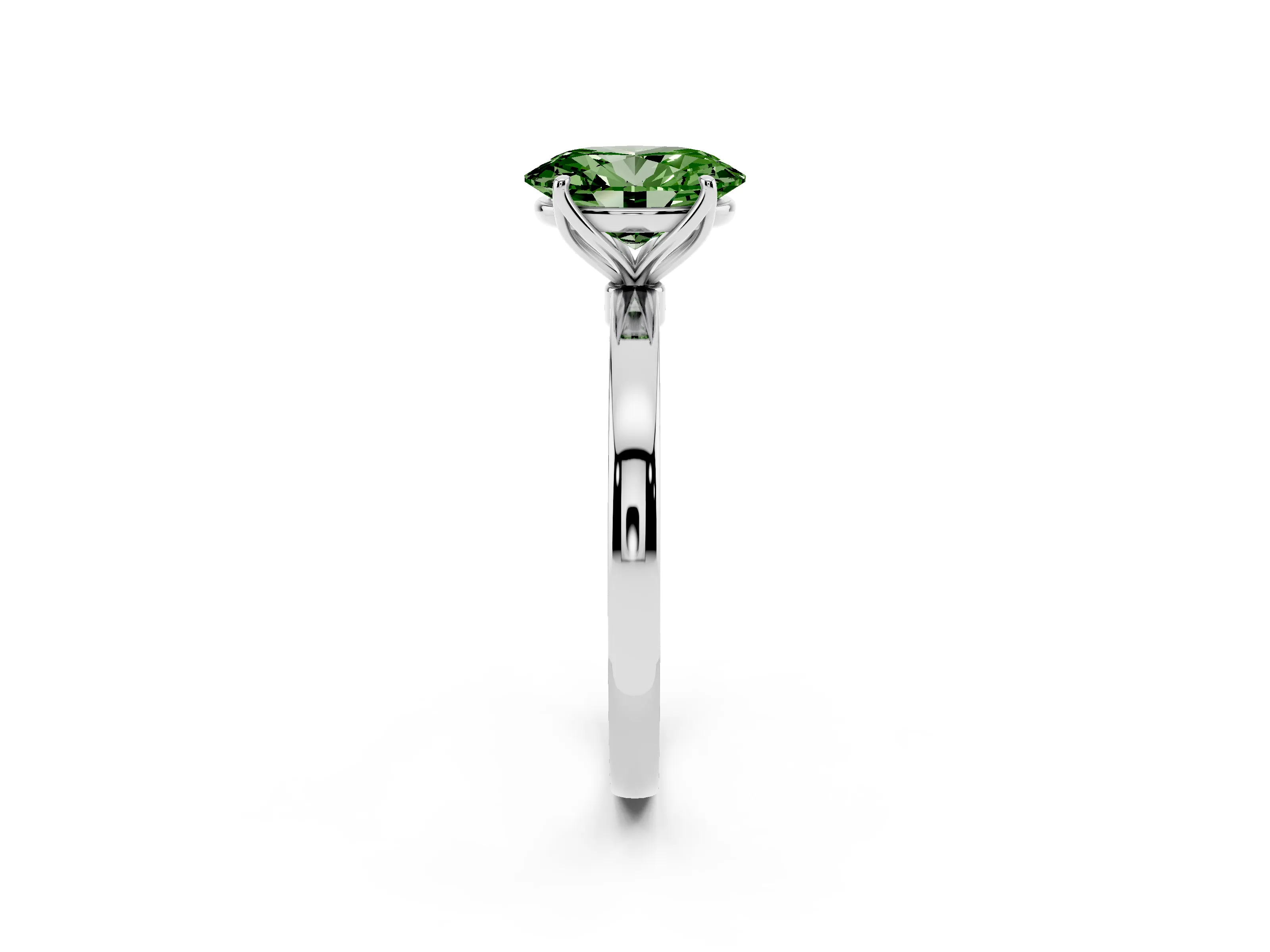 Fancy Green Oval Cut Diamond Solitaire Ring Set in White gold with Prong Setting and Thin Polished Band
