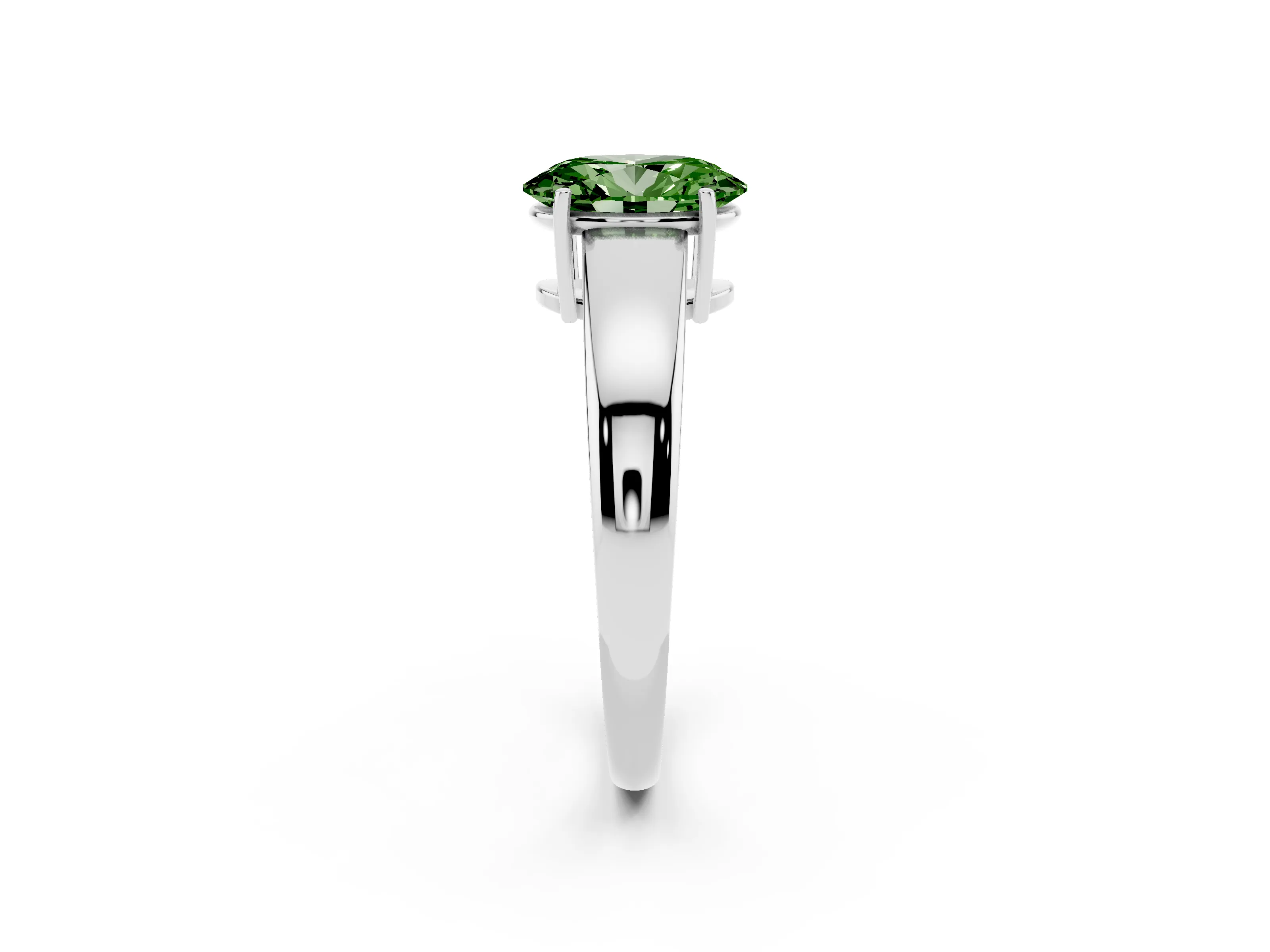 Fancy Green Oval Cut Diamond Solitaire Ring Set in Platinum with Tapered Band and Prong Setting
