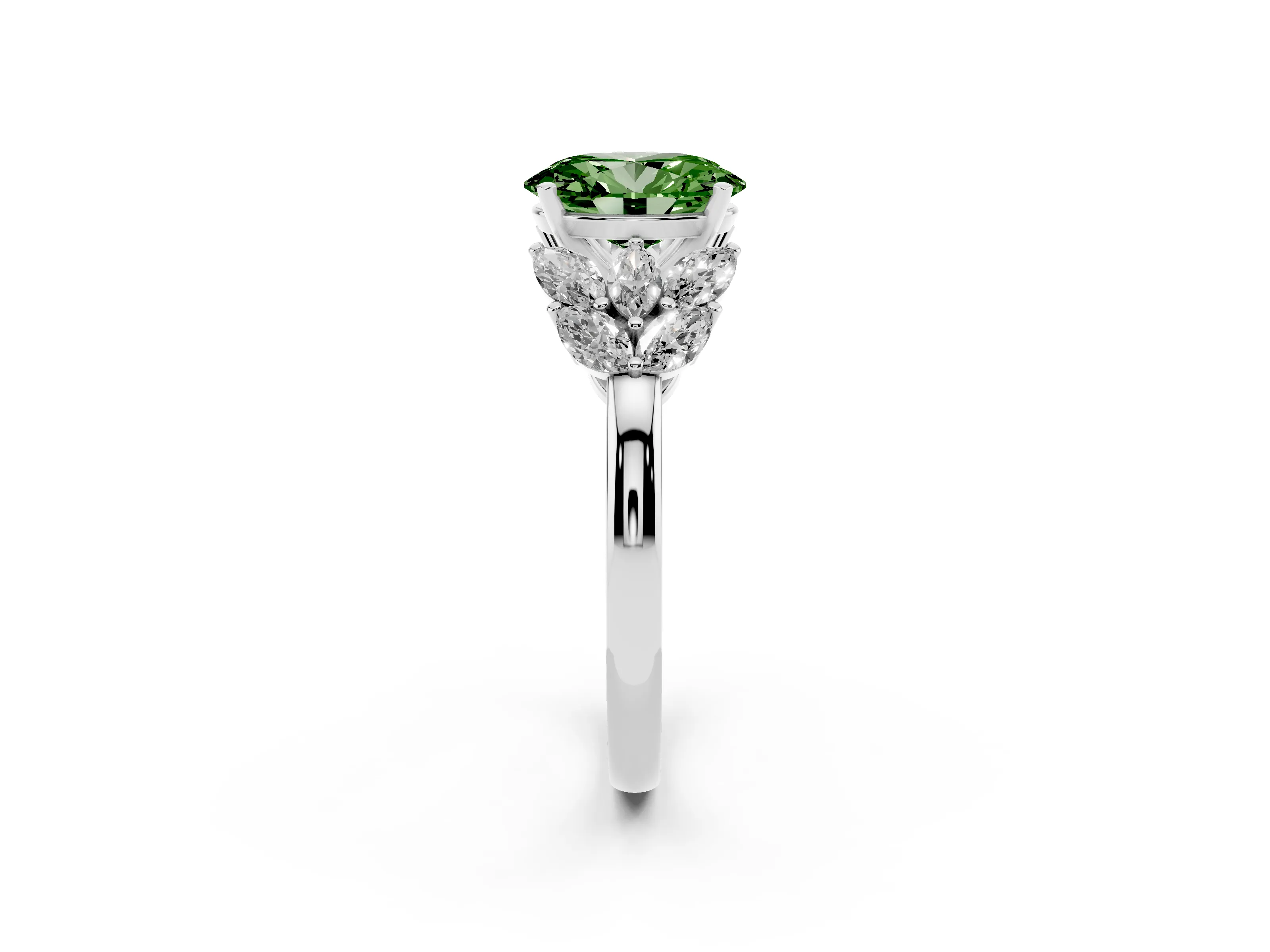 Fancy Green Oval Cut Diamond Cluster Leaf Design Ring Set in White gold with Prong Setting