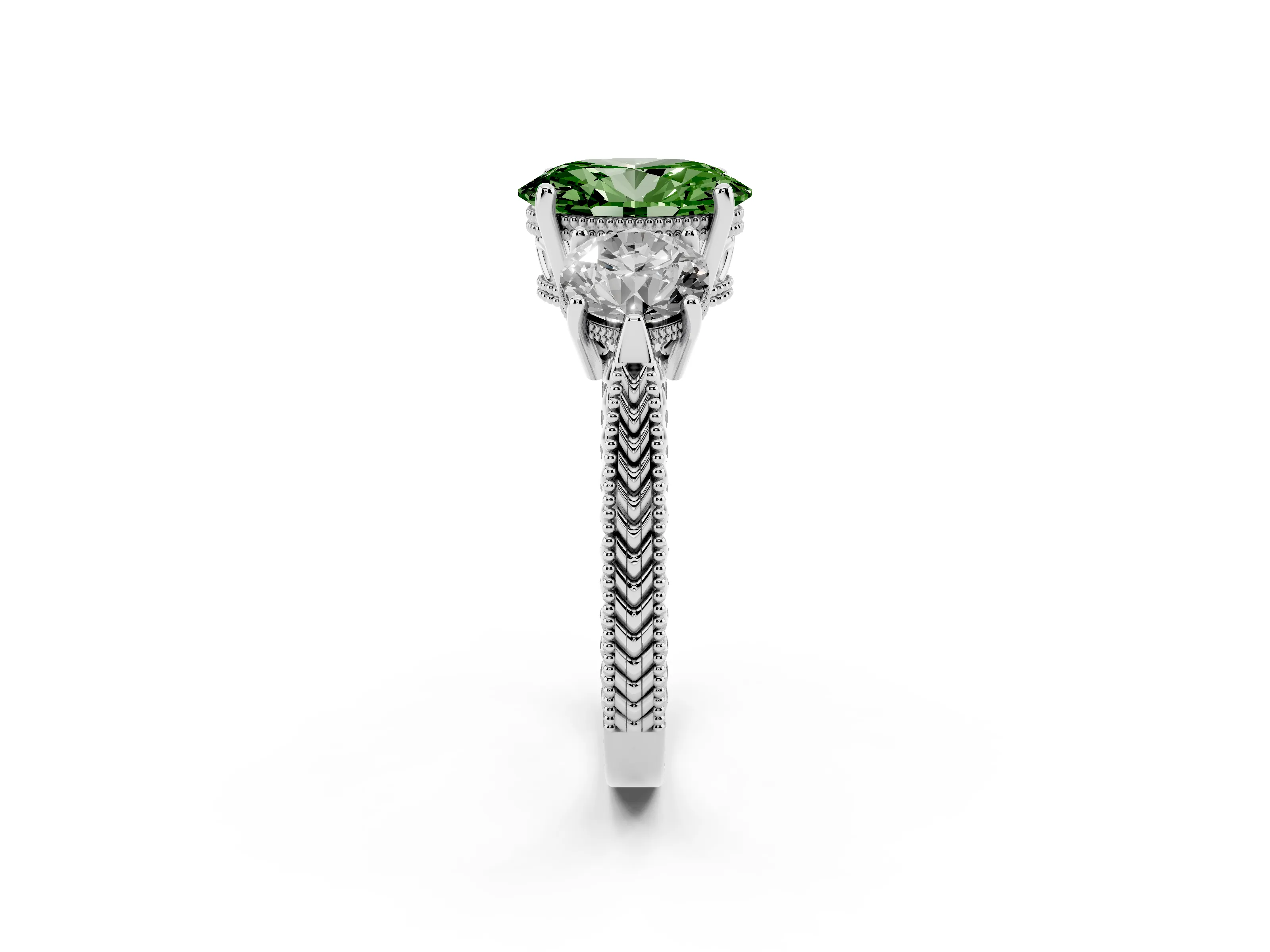 Fancy Green Oval Cut Diamond Three-Stone Ring Set in Silver with Milgrain Band