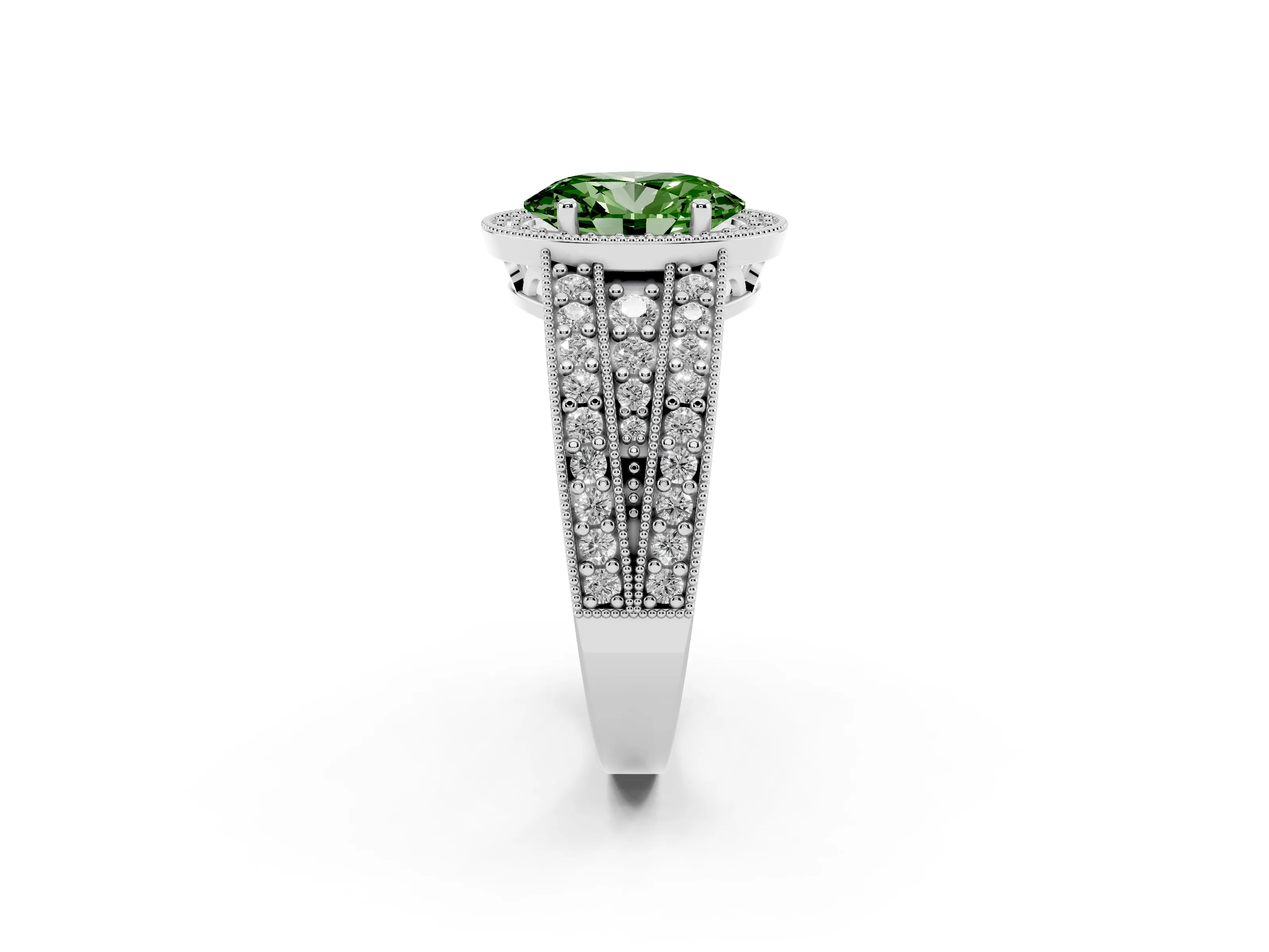 Fancy Green Oval Cut Diamond Halo Ring Set in White gold with Accent Split Shank and Prong Setting