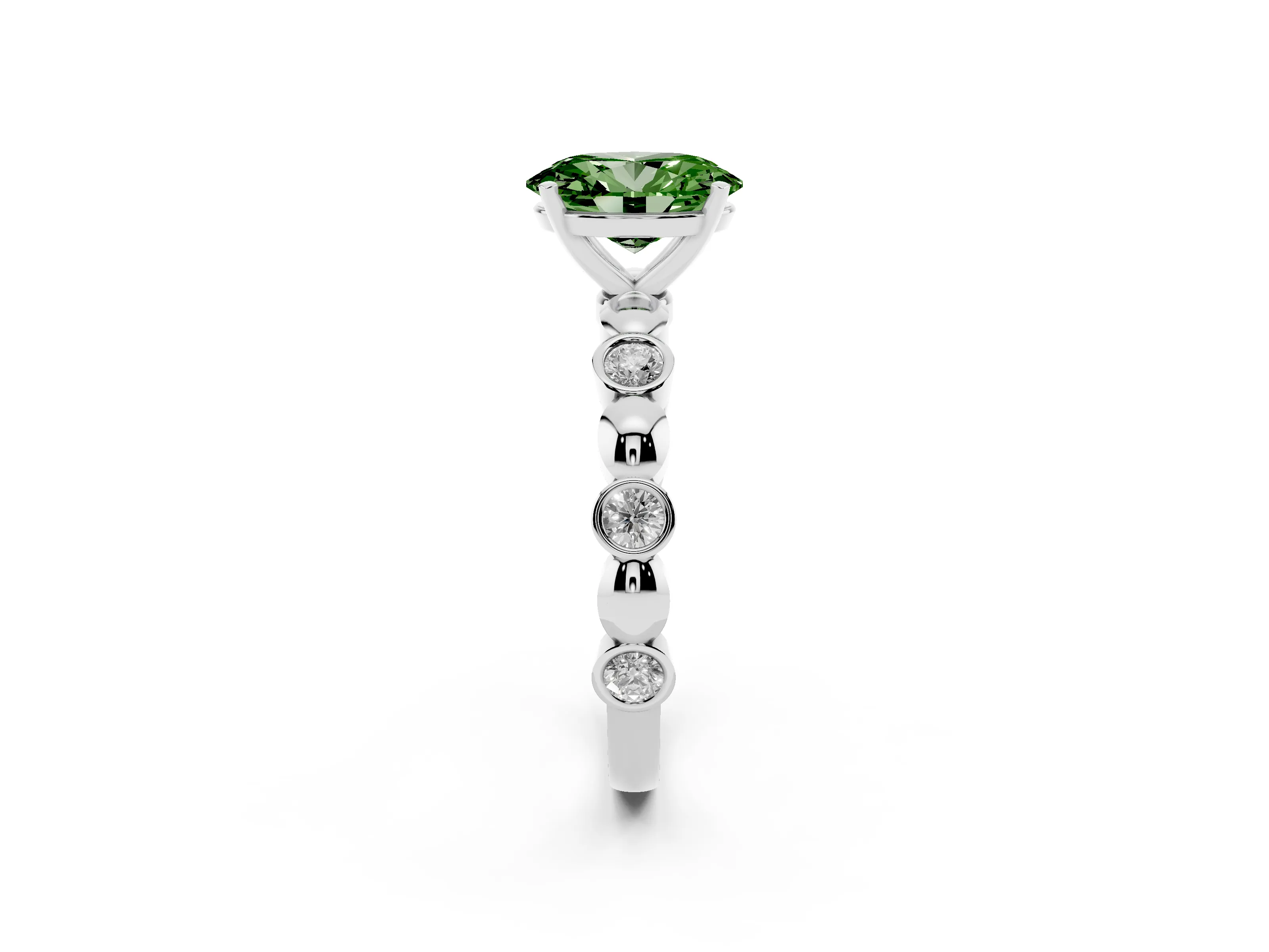 Fancy Green Oval Cut Diamond Solitaire Ring Set in Silver with Bezel-Set Accents on Beaded Band and Prong Setting