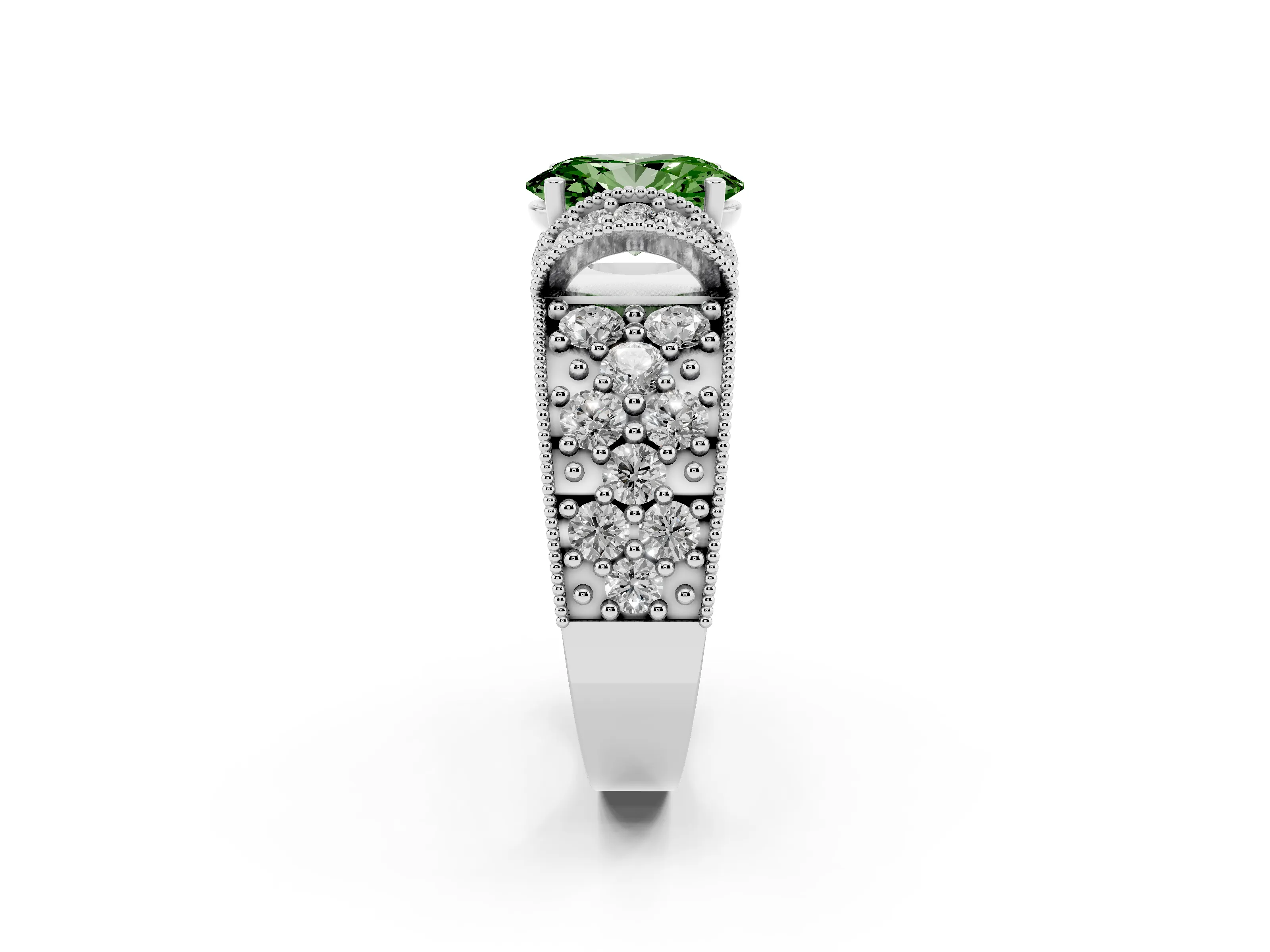 Fancy Green Oval Cut Diamond Milgrain Halo Pavé Engagement Ring Set in Platinum with Prong Setting
