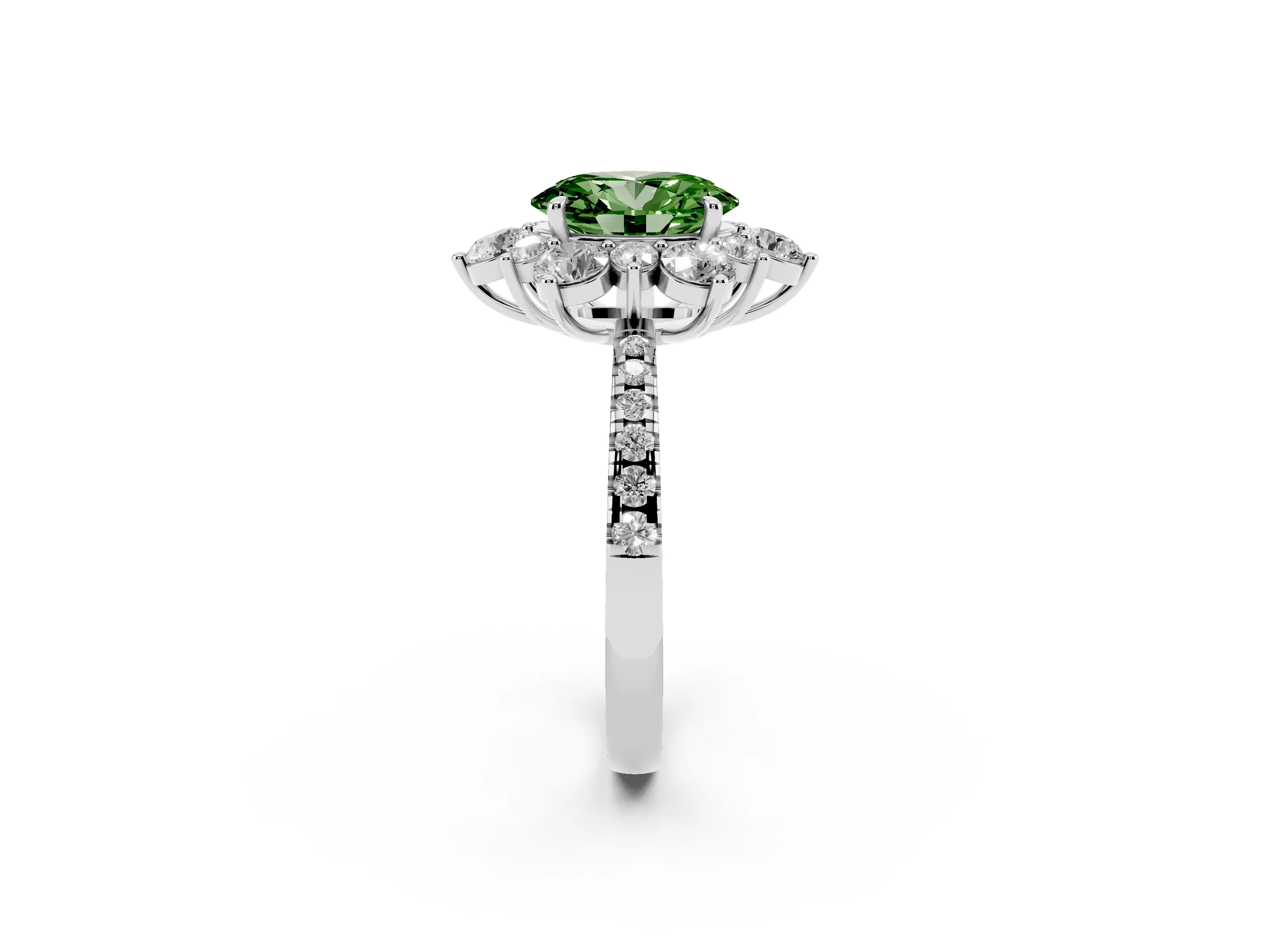 Fancy Green Oval Cut Diamond Floral Halo Ring Set in White gold with Round Pavé Band and Prong Setting