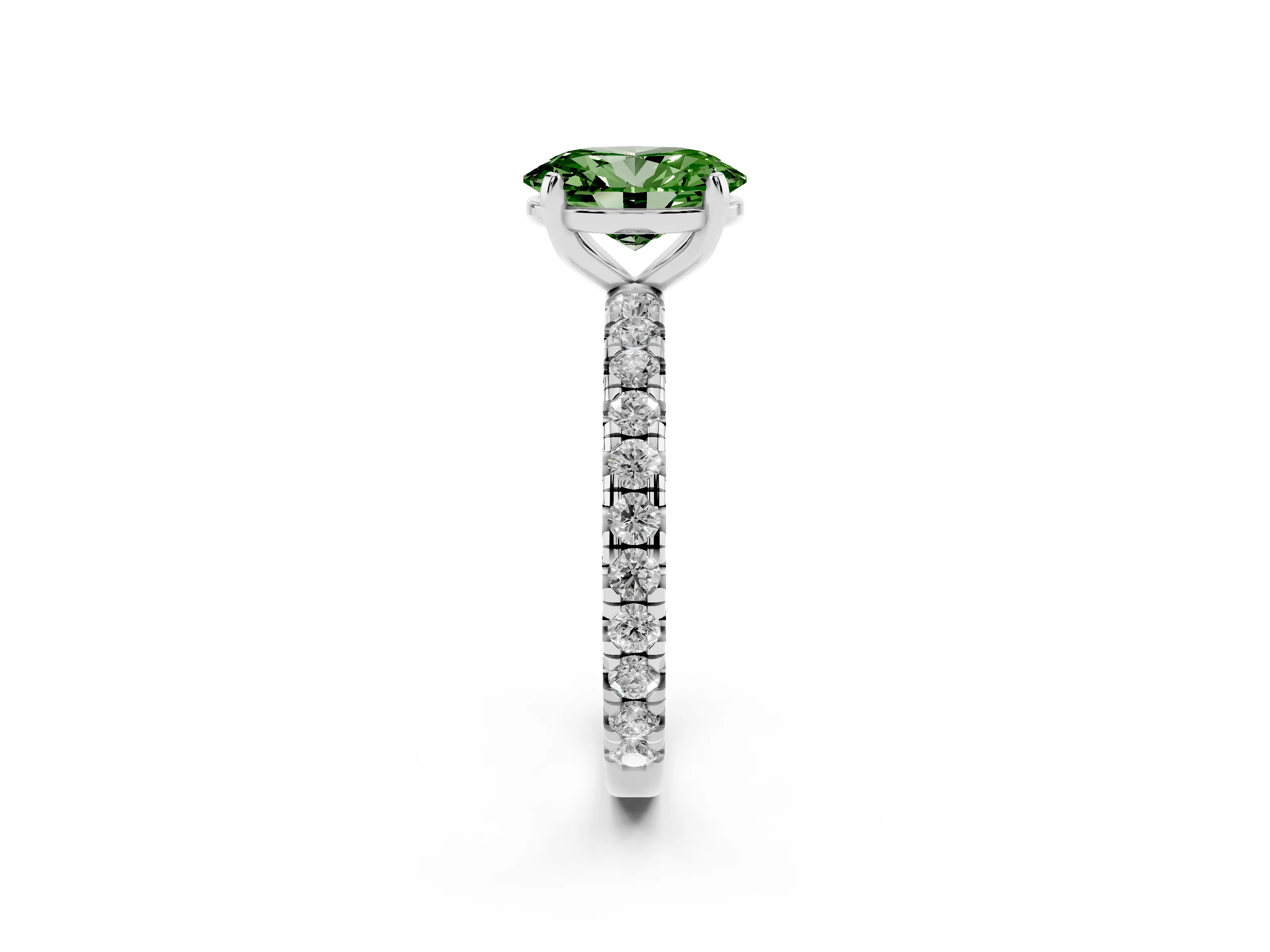 Fancy Green Oval Cut Diamond Pavé Solitaire Ring Set in Silver with Round Band and Prong Setting