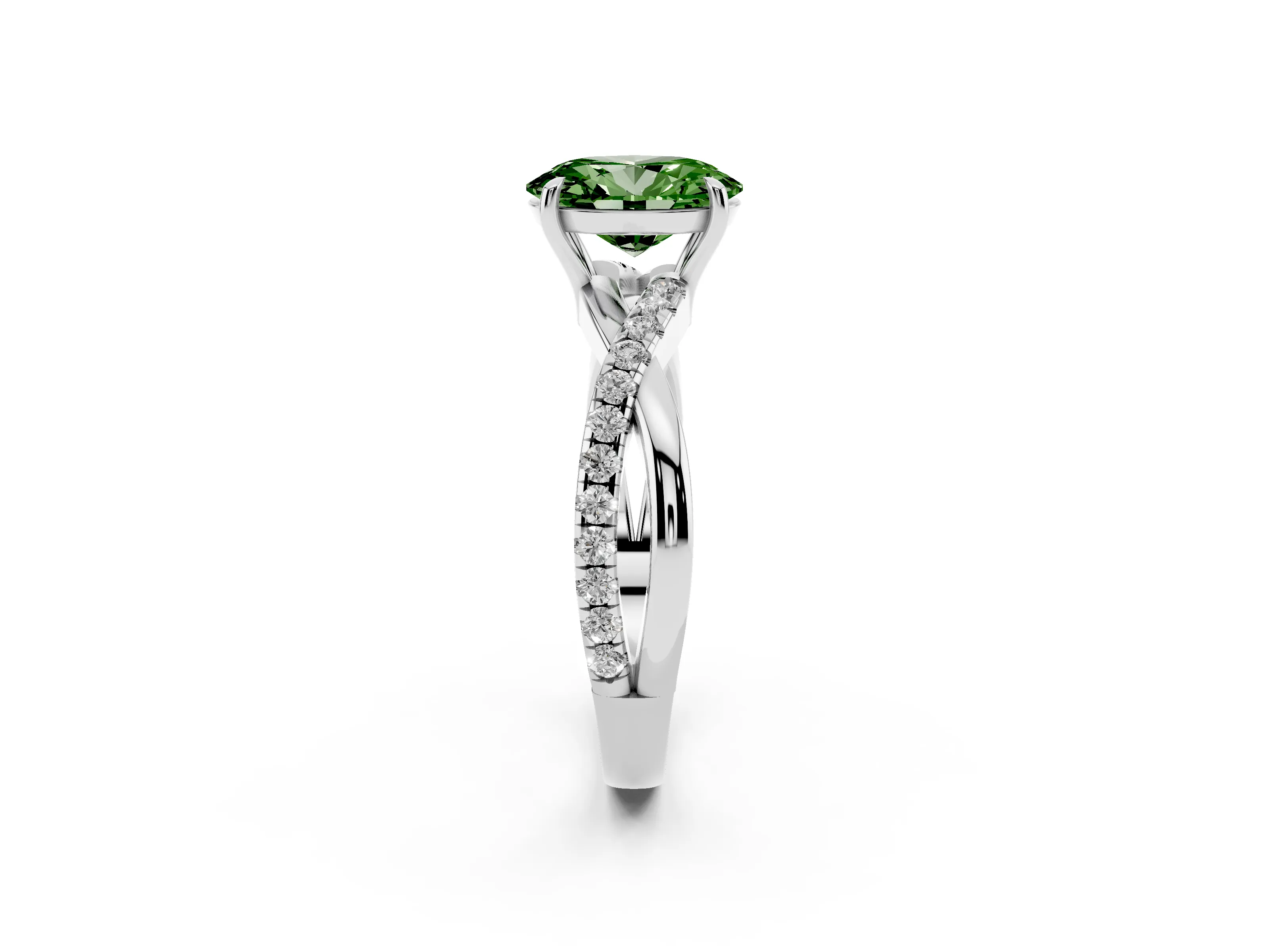 Fancy Green Oval Cut Diamond Twisted Pavé Band Ring Set in Silver with Prong Setting