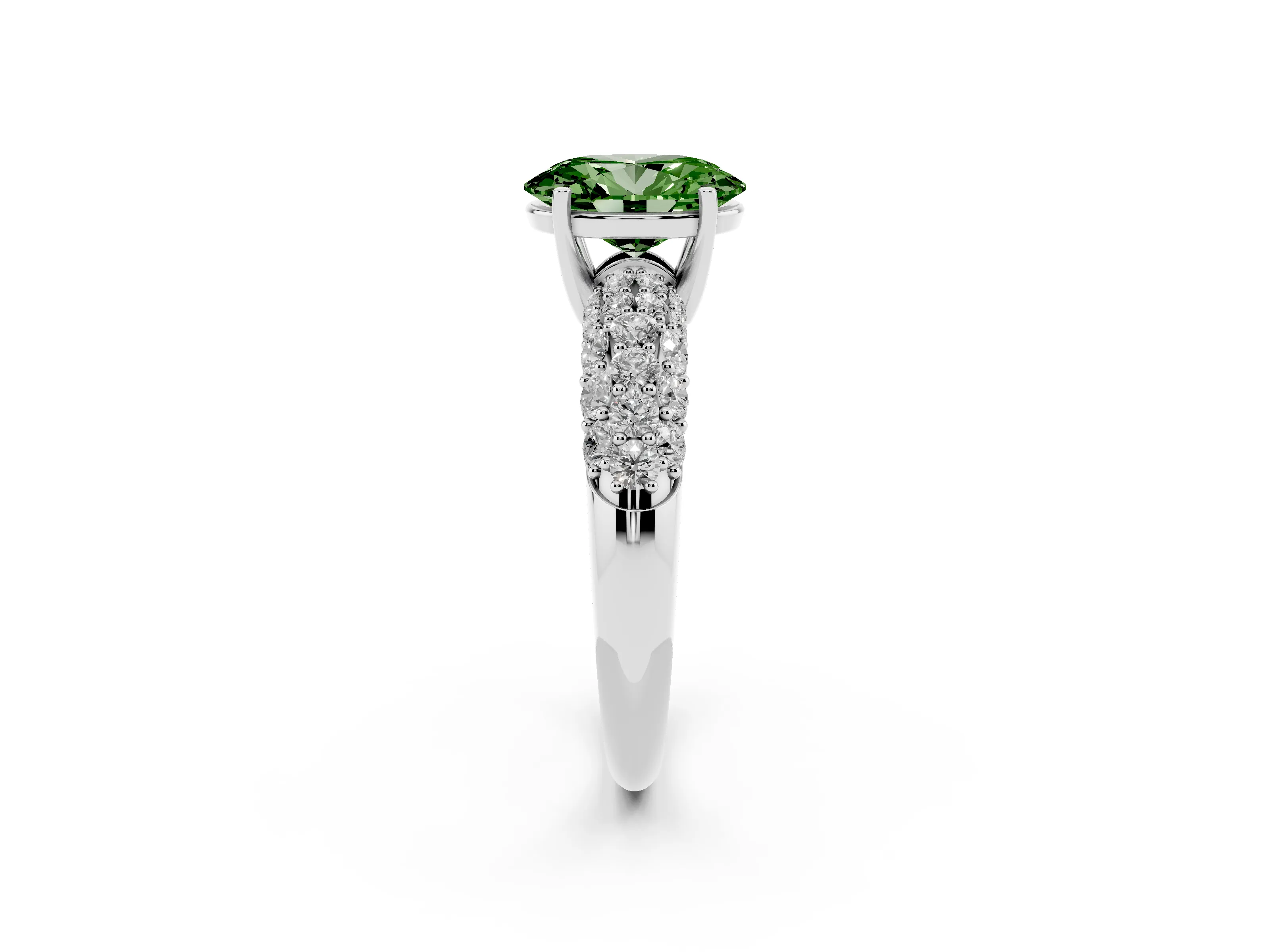 Fancy Green Oval Cut Diamond Pavé Band Solitaire Ring Set in White gold with Close-Set Accent Stones and Prong Setting
