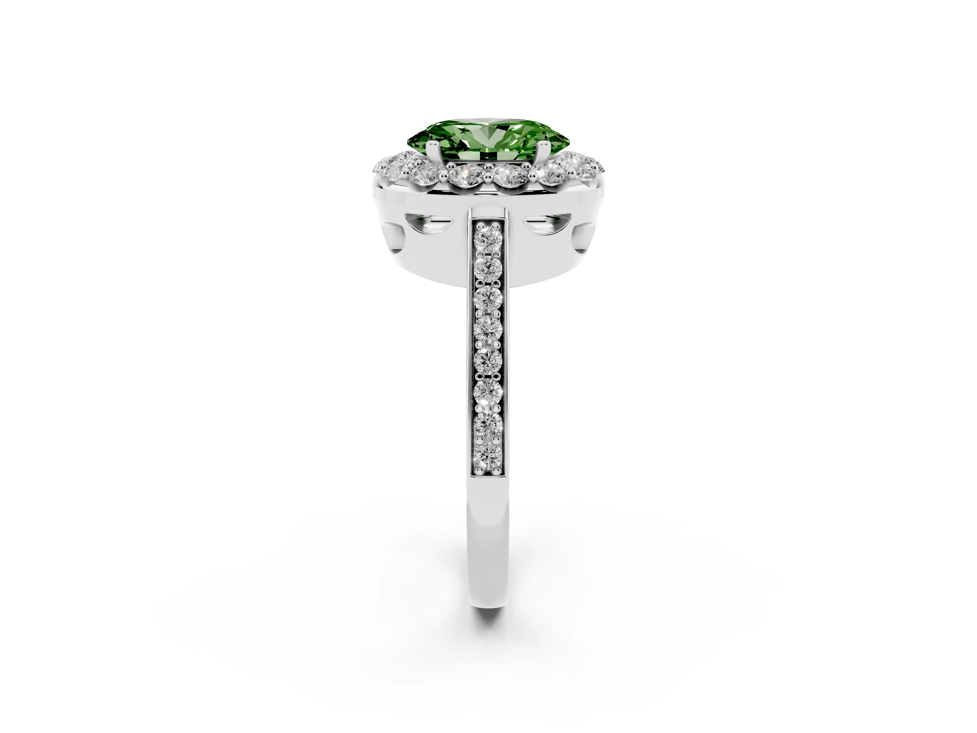 Fancy Green Oval Cut Diamond Floral Halo Ring Set in White gold with Pavé Band and Prong Setting