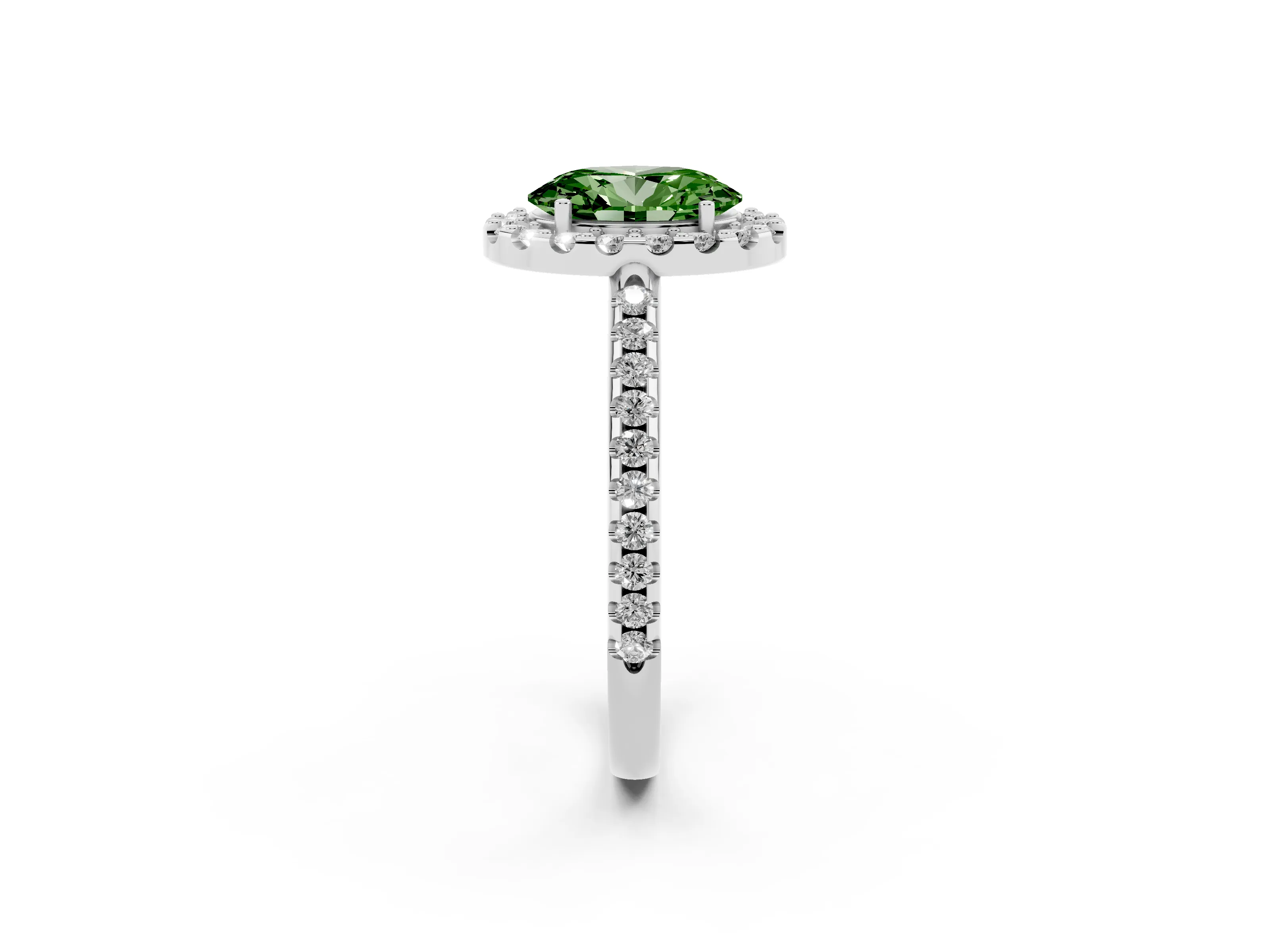 Fancy Green Oval Cut Diamond Pavé Halo Ring Set in Silver with Prong Setting